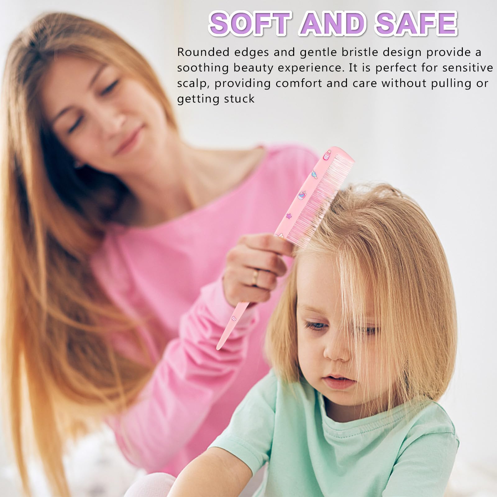 Juego de cepillos para el pelo de bebé para niñas, kit de peine desenredante con temática de unicornio rosa con peines de cola, peine de dientes finos y peine corto para viajes y peinado diario