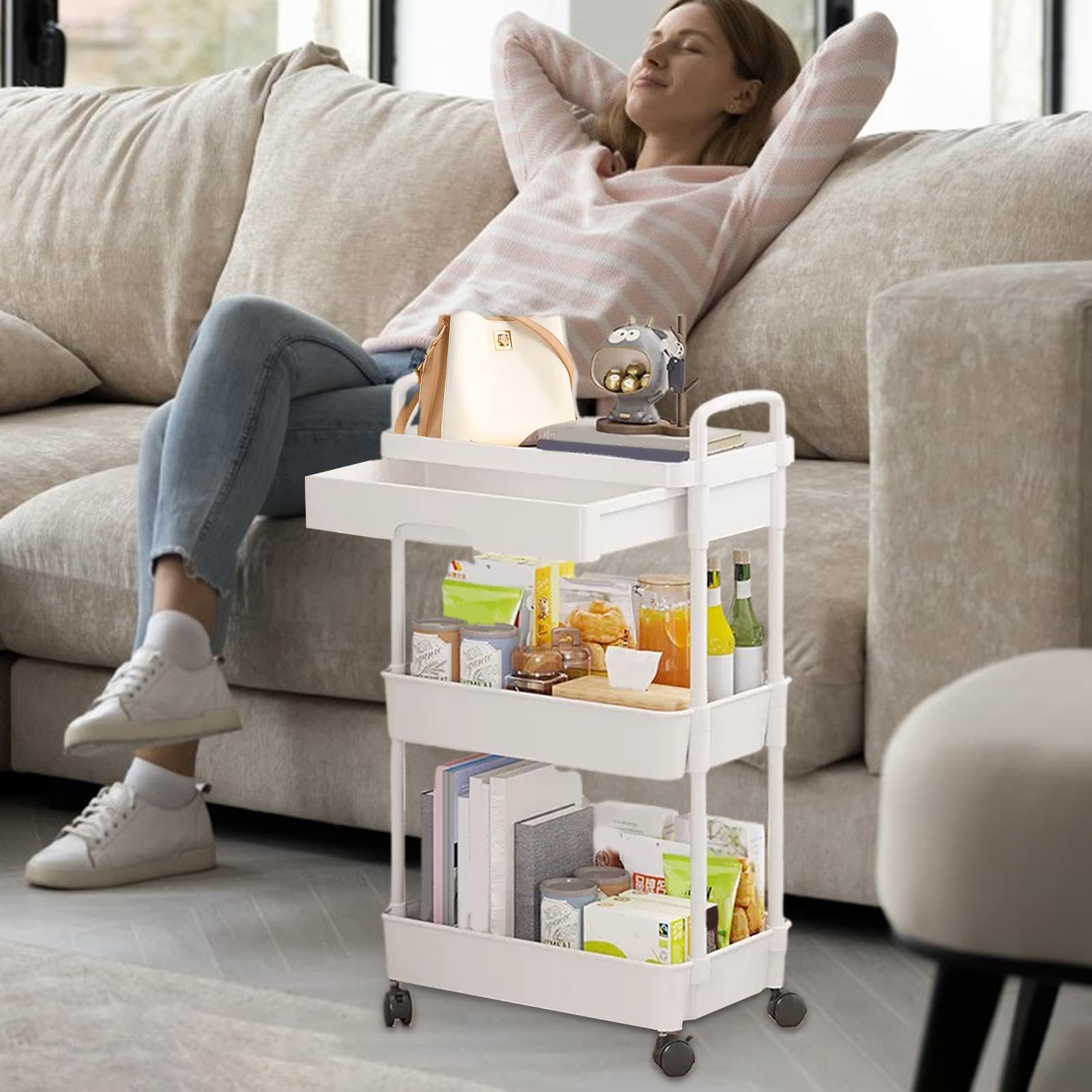 Carrito utilitario de 3 niveles, carrito de almacenamiento con | cajones, carrito de almacenamiento portátil rodante, carrito utilitario compacto multiusos para cocina, dormitorio, sala de e