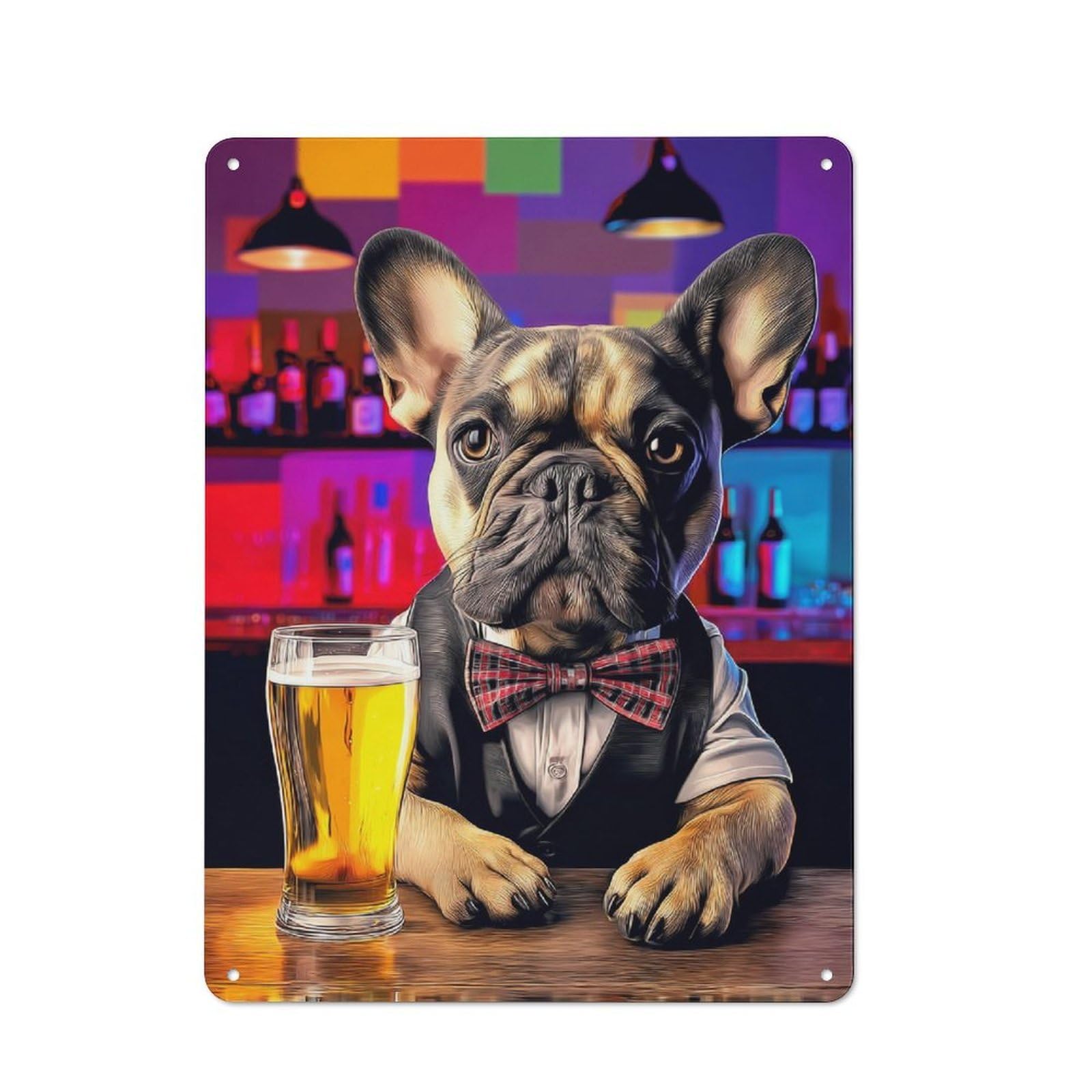 Junmoney French Bulldog In Tuxedo With Beer -2 Metal Wall Sign 40X30cm, Modern Retro Loft Wall Plaque For Flat, Bar, Studio Or Gallery Wall