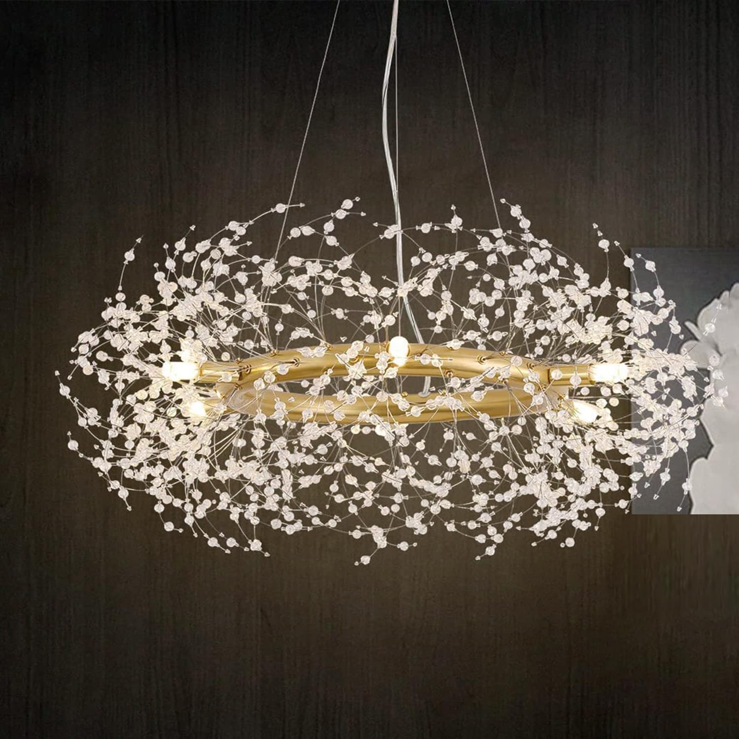 SYAXVOM Modern Gold Crystal Chandelier - Round Fireworks Design Light Fixture for Dining Room Bedroom Living Entryway Bathroom & Kitchen Elegant Home Decor