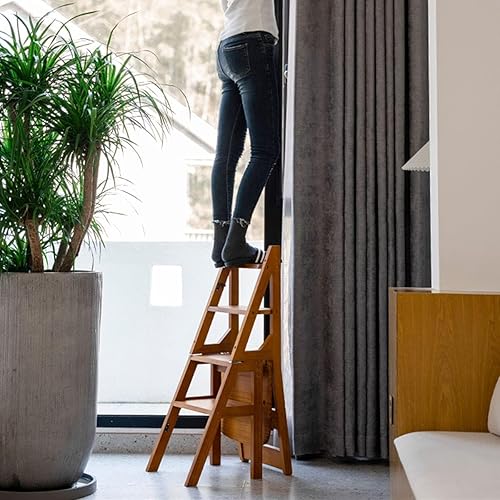 Miniatura 5 de Escalera plegable de 4 niveles, silla plegable de madera 3 en 1, taburete portátil multifunción con capacidad de 265 libras, estante de exhibición