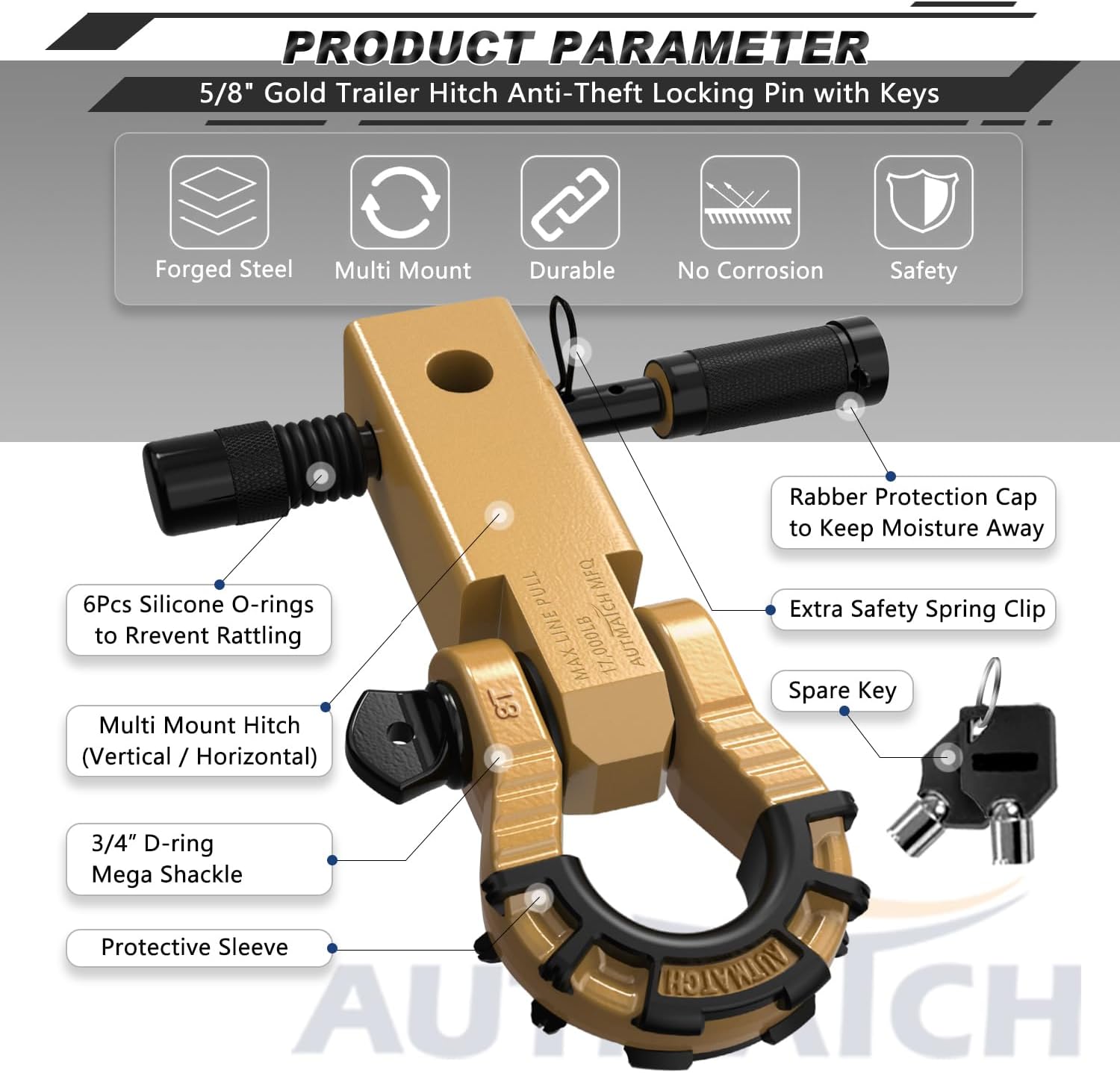 AUTMATCH Shackle Hitch Receiver 2" with 3/4" Mega D Ring Shackle and 5/8" Trailer Hitch Lock Pin, 68,000 Lbs Break Strength Heavy Duty Receiver Towing Kit for Off-Road Vehicle Recovery, Gold - Image 6