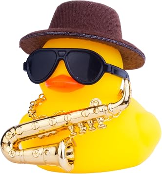 Car Rubber Duck, Yellow Duck Car Dashboard Decorations with Mini Top Hat Musical Instrument Sunglasses NecklaceBrown
