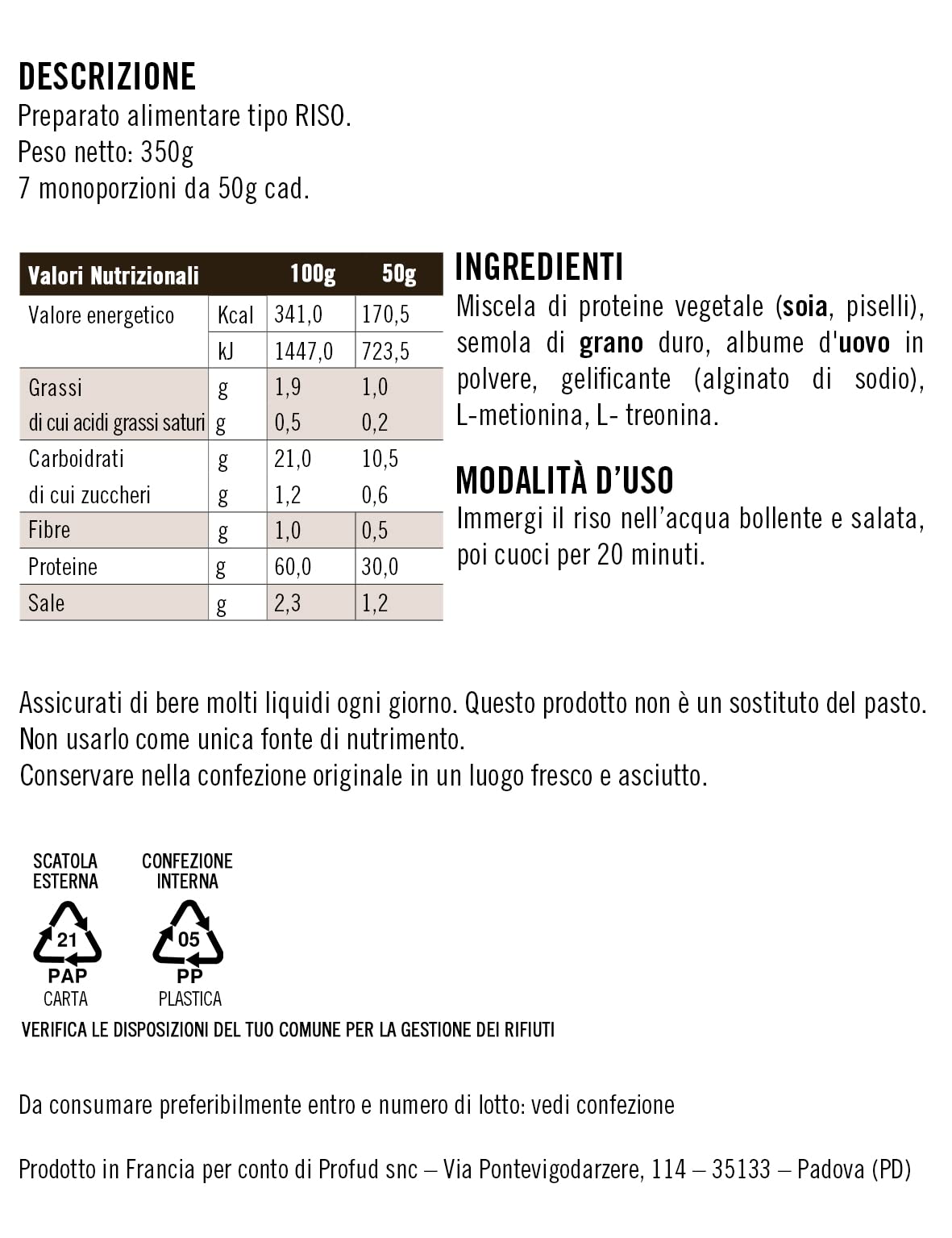 RISO IPERPROTEICO PROFUD - 60% DI PROTEINE - SOLO 0,6g di ZUCCHERI - 7 MONOPORZIONI DA 50g cad.