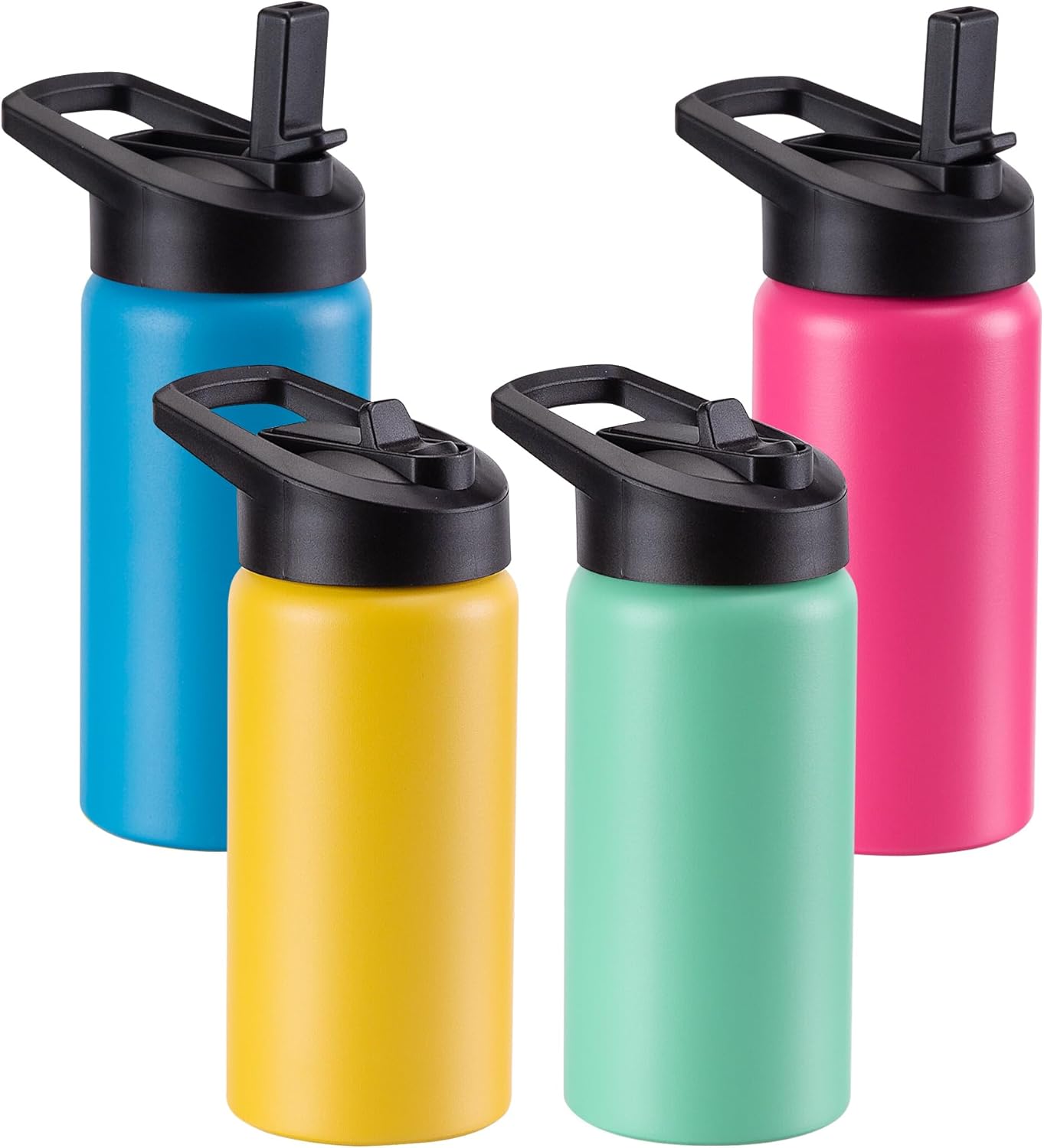 Kids Water Bottle with Straw Lid & Handle, 4 Pack 16oz Personalized Water Bottles Bulk, Dishwasher Safe, Leak Proof DIY Gift for Girls Boys to School Sports Travel Gym Running Hiking, Mixed Color Set