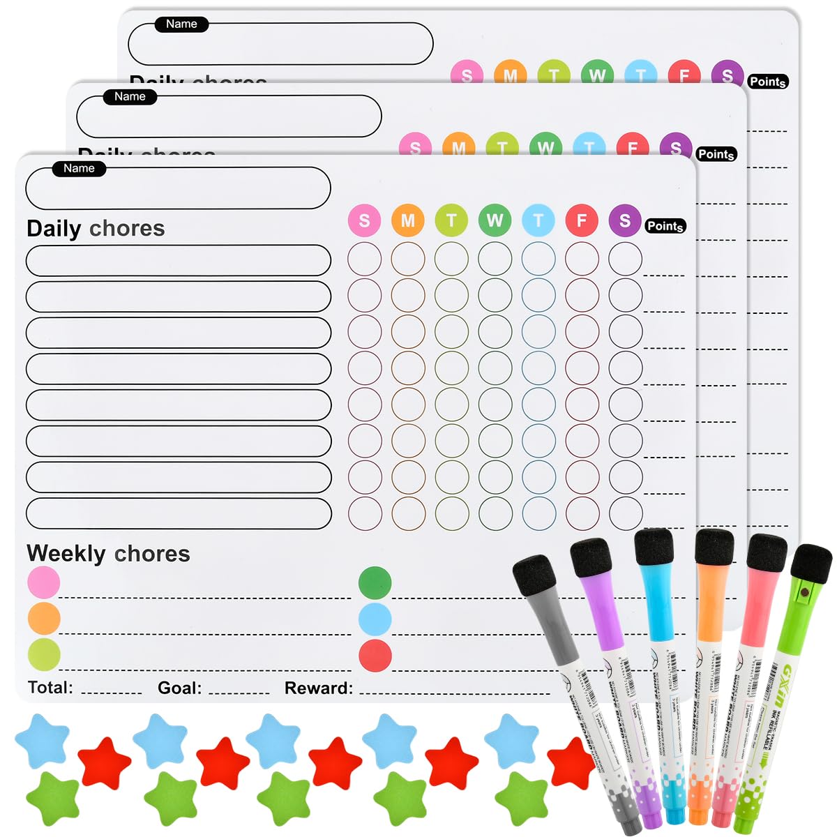 CENBEN 3PCS Magnetic Chores Chart for K ids with 6PCS Fine Tip Markers, Reusable Magnetic Reward Chart Chores Board for Family, Magnetic Dry Erase Daily Weekly Whiteboard Planner for Fridge at Home