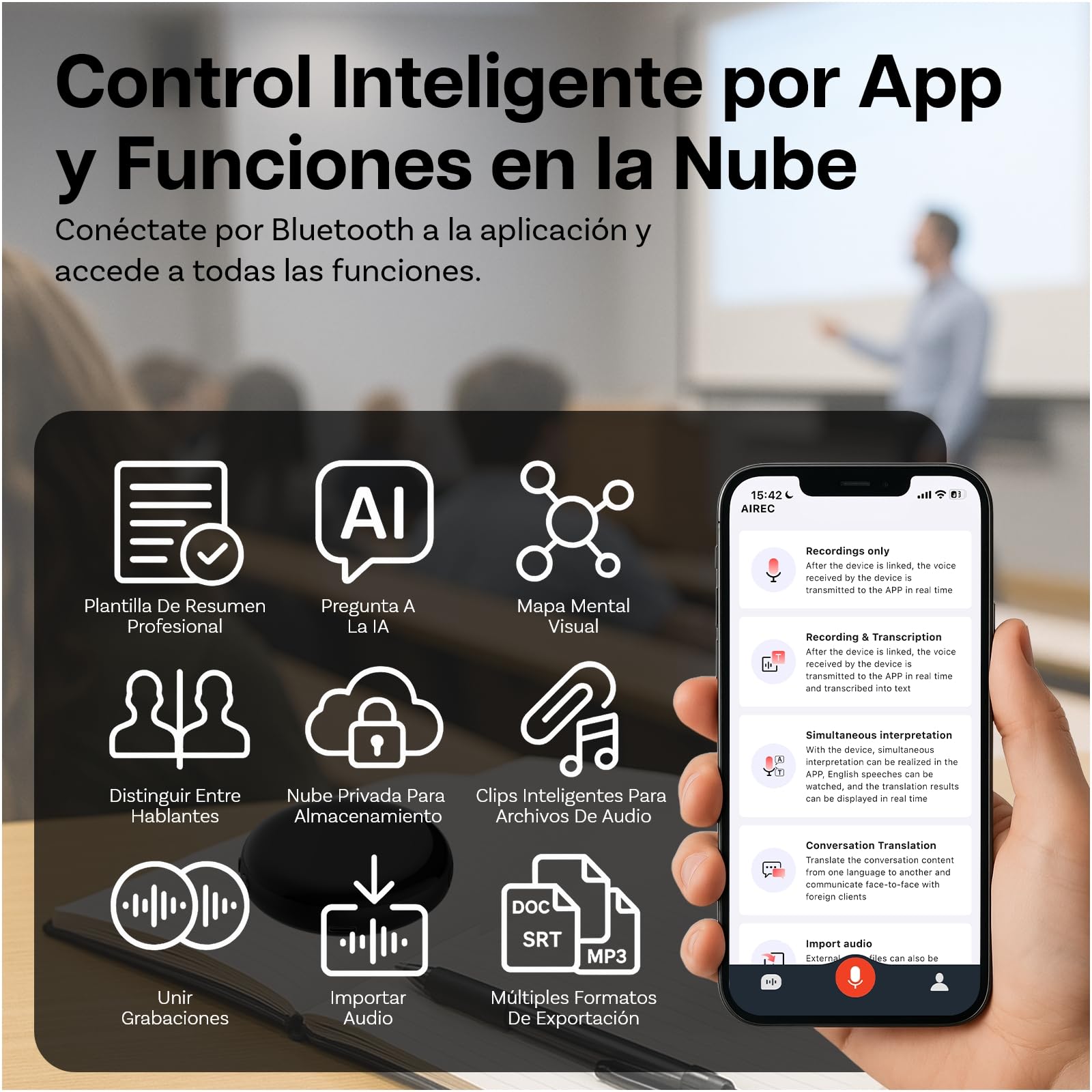 Grabadora de Voz IA 32GB por MMOBIEL – Control por App, Transcripción y Resumen Automático, Traducción en Tiempo Real, Bluetooth y Reproducción con Auriculares para Reuniones, Llamadas y Clases