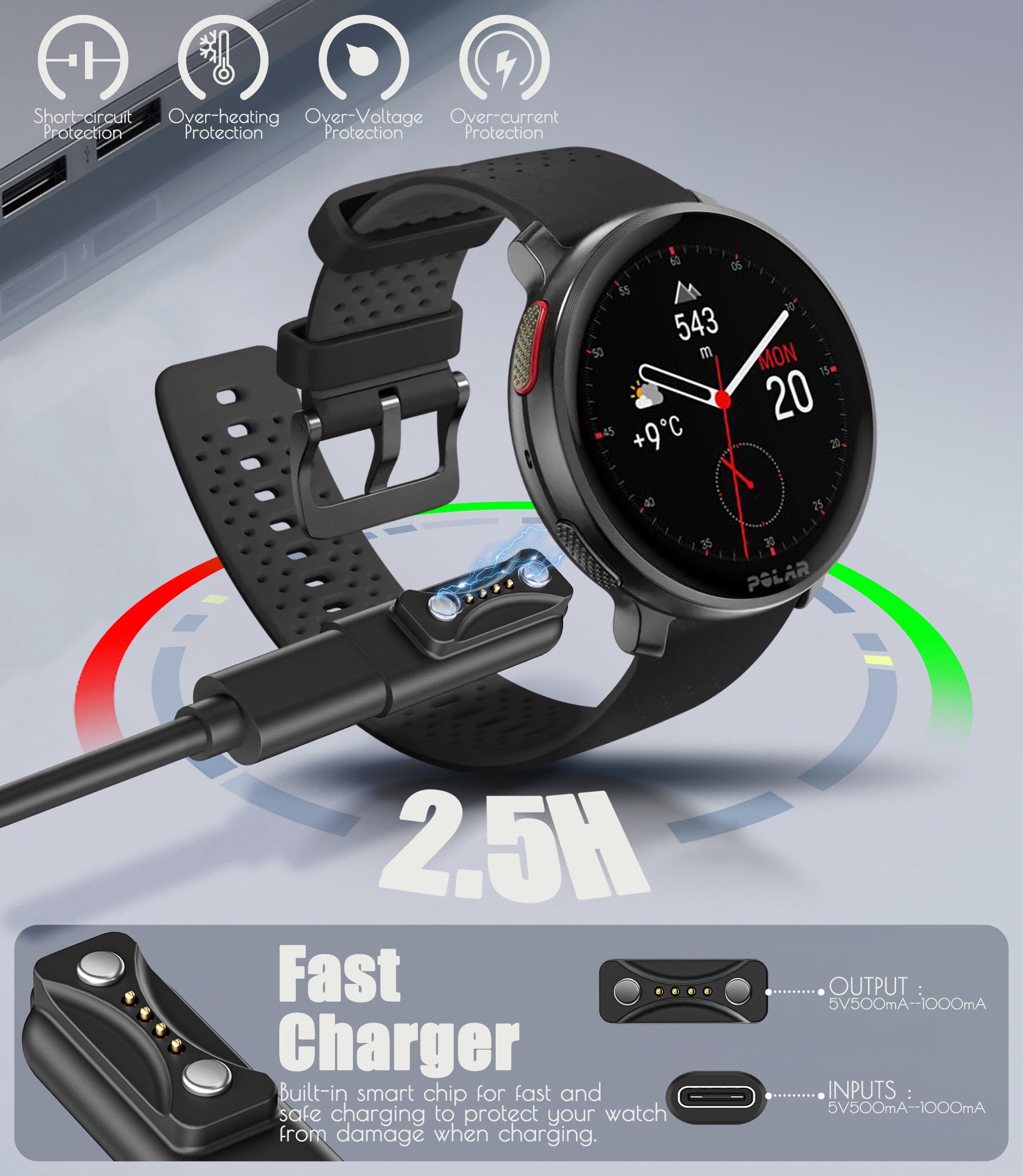 Ermorgen Nylon gevlochten oplaadkabel compatibel met Polar Vantage M3, Grit X2 Pro, Pacer Pro, Ignite 3, Vantage V3, USB-A naar magnetische oplader