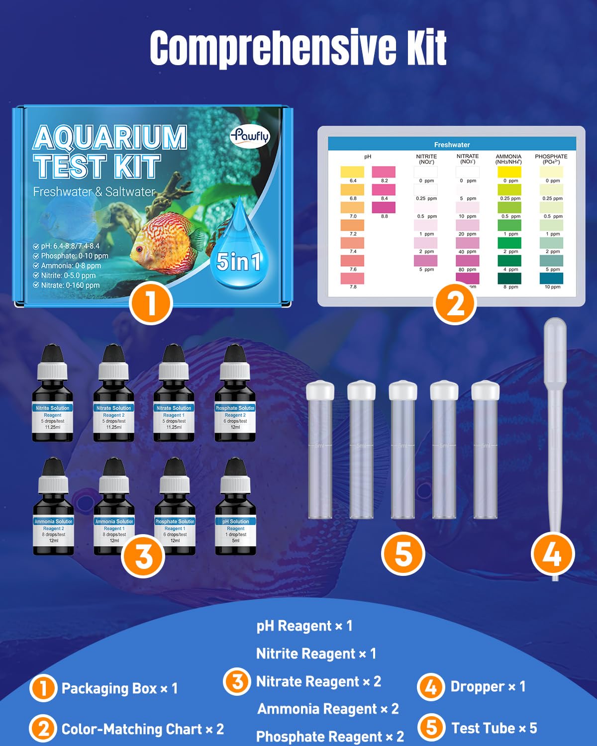 Pawfly 5 in 1 Aquarium Water Master Test Kit, Aquarium Water Test Kit Fish Tank Water Testing Kit for pH Nitrite Nitrate Ammonia & Phosphate, Aquarium Test Kit for Freshwater & Saltwater Fish Tanks - image 3