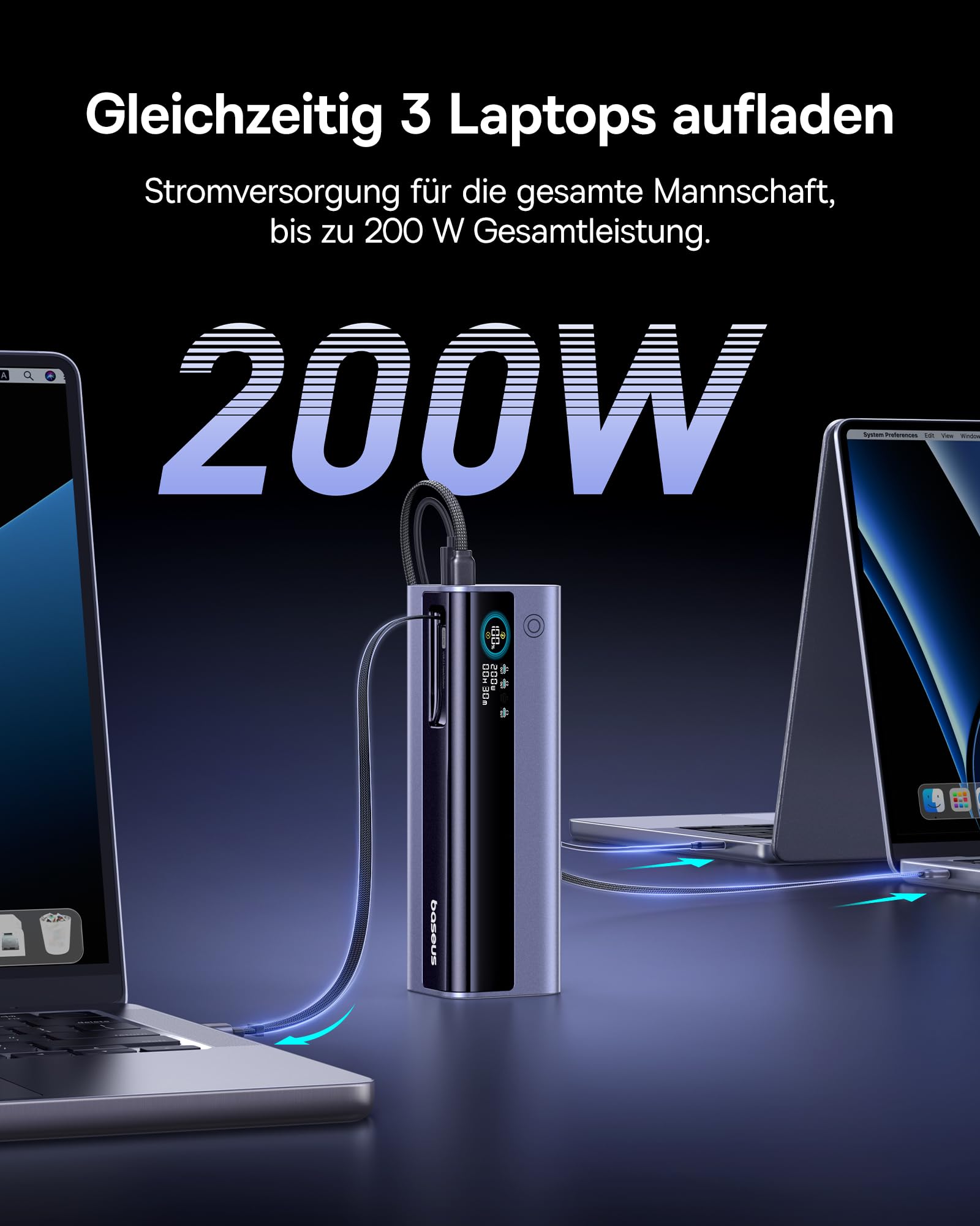 Baseus EnerGeek GR11 Powerbank Laptop 25000mAh, 200W Schnellladen, Power Bank mit 62cm Retractable USB C Kabel, Externe Handyakkus für MacBook Pro, Dell, HP, Samsung Galaxy S26/S25 Ultra, iPhone