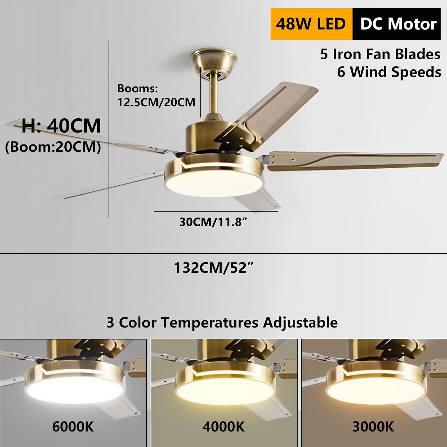 Industrial Ceiling Fans with Lights 6-Speeds Quiet Ceiling Fans Modern Metal Ceiling Fan with 48W LED Light & Remote and Wall Switch for Indoor Living Room Bedroom