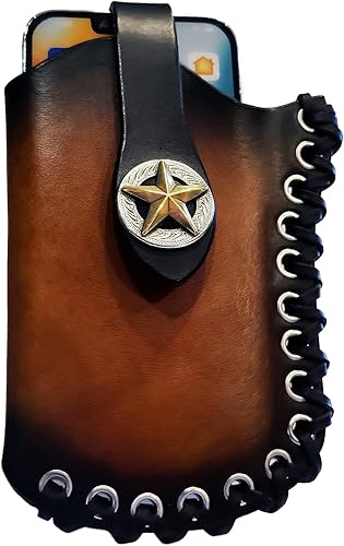 Leather Phone Holster with Texas Star Snap - Made for Any Phone! Western Style Lace Handmade in The USA 2 (Made for Google Pixel 6A, for Left Hip)