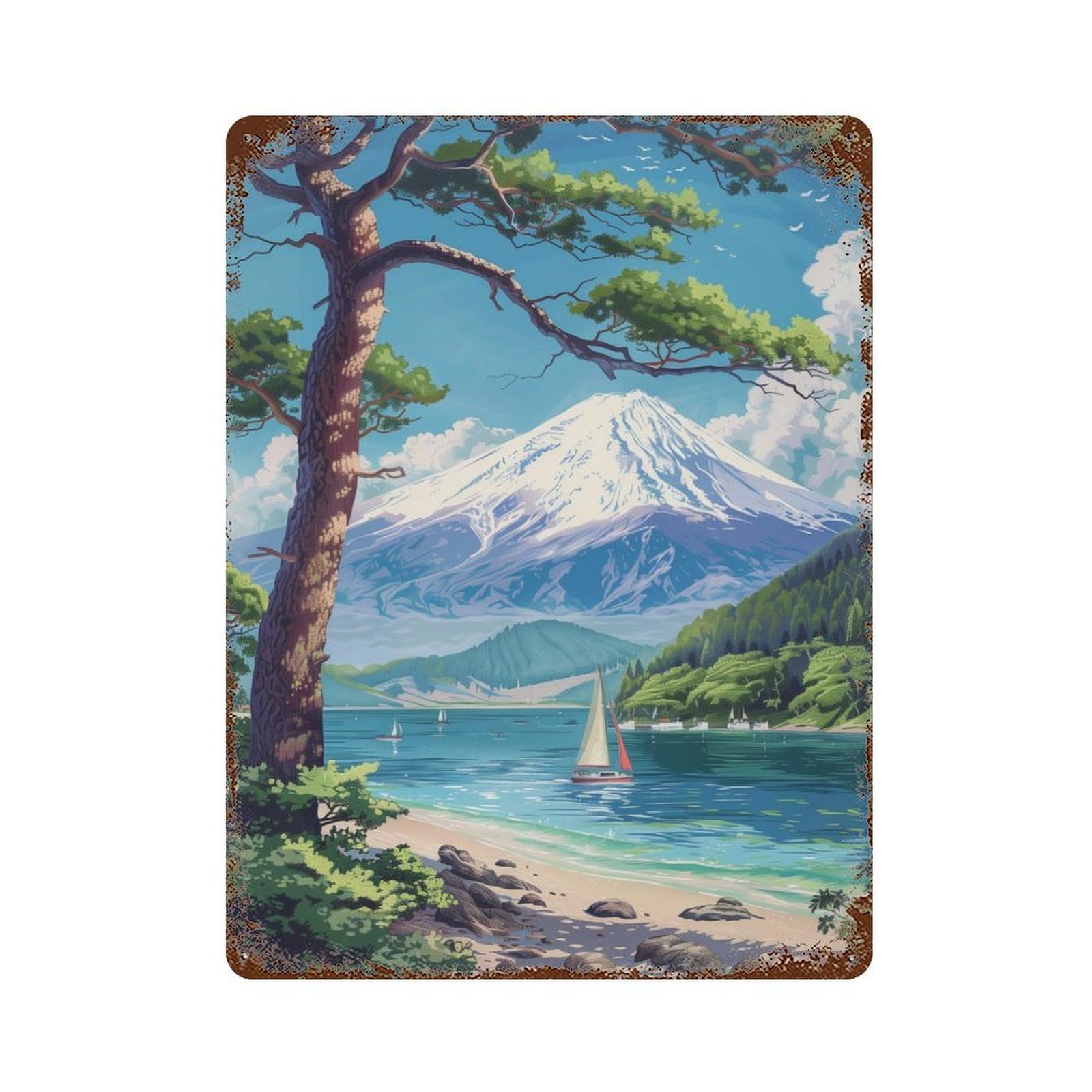 Rust Effect Mount Fuji in Japan Rusty Metal Tin Sign 15.7"x11.8", Old School Wall Decor for Basement, Hobby Room And Garage Decor