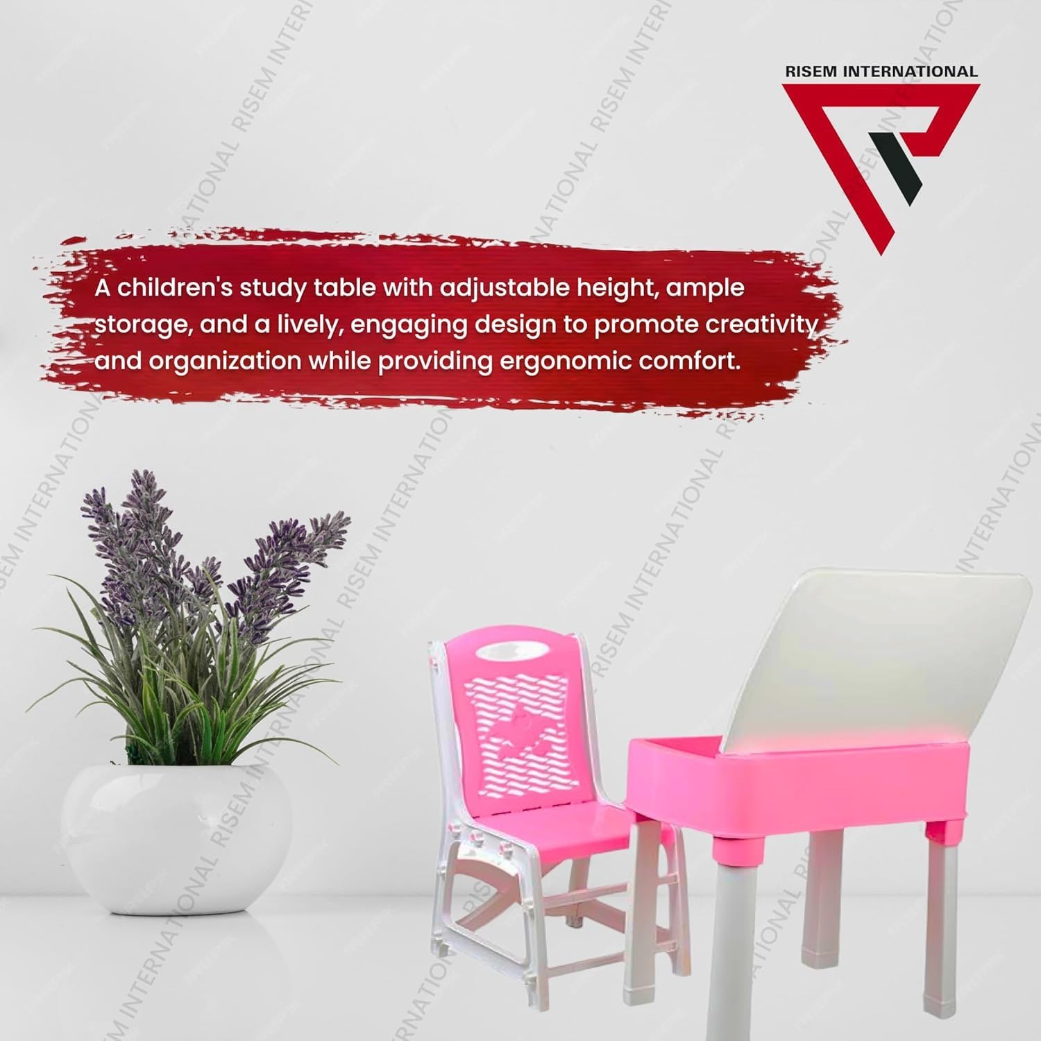 RISEM INTERNATIONAL Kids Study Table & Chair Set for Boys & Girls | Plastic Study Desk with Storage Box for Pencils & Stationery | Lightweight & Durable | Ideal for Study, Drawing & Homework (Pink) 1