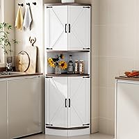 Viroformo 64.8" White Farmhouse Corner Cabinet with 4 Barn Doors & 5 Shelves - Kitchen Dining Bar Storage