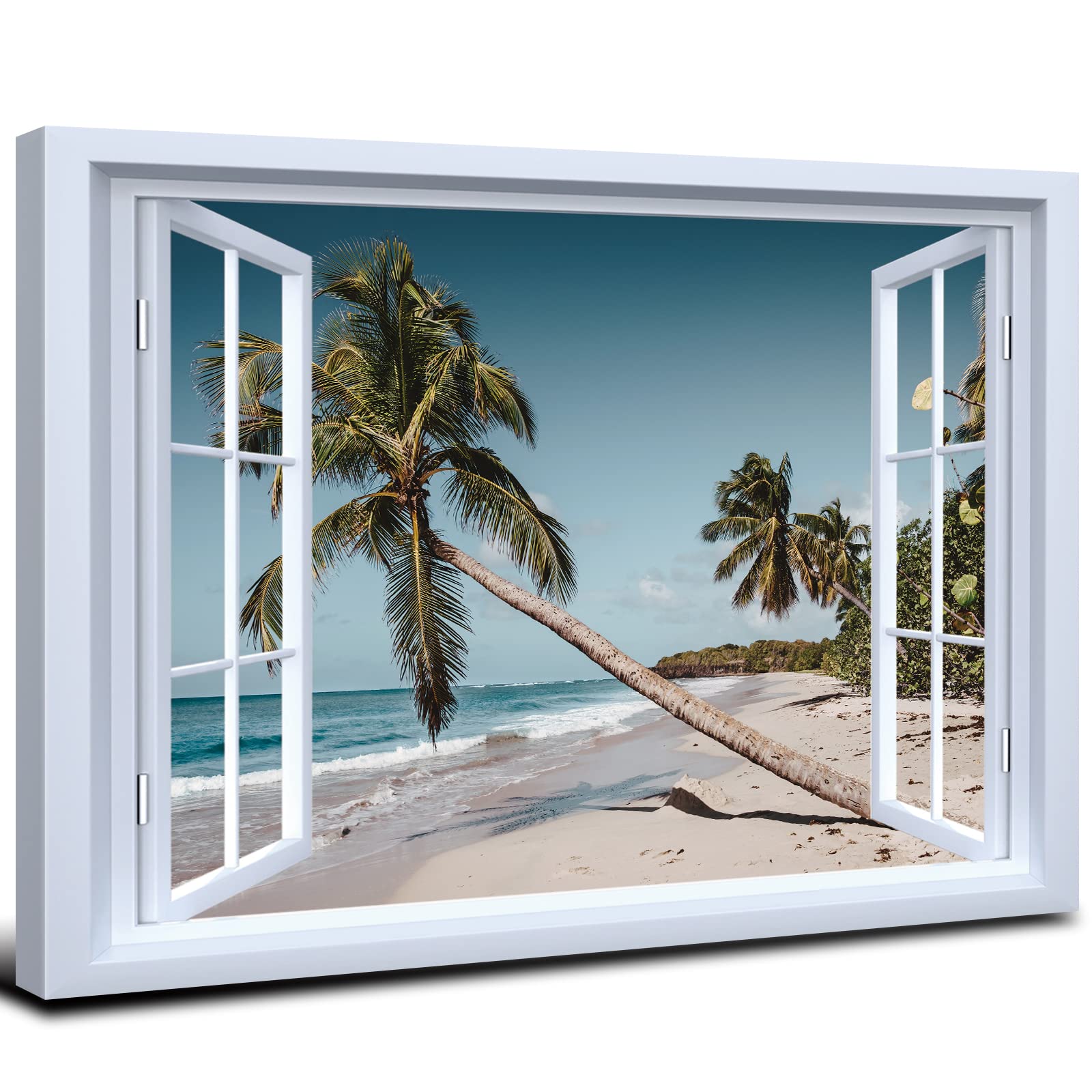 Coastal Wall Art Window Beach Canvas Prints Blue Ocean Wall Decor for Living Room Bathroom Tropical Palm Tree Scenery Posters Nature Seascape