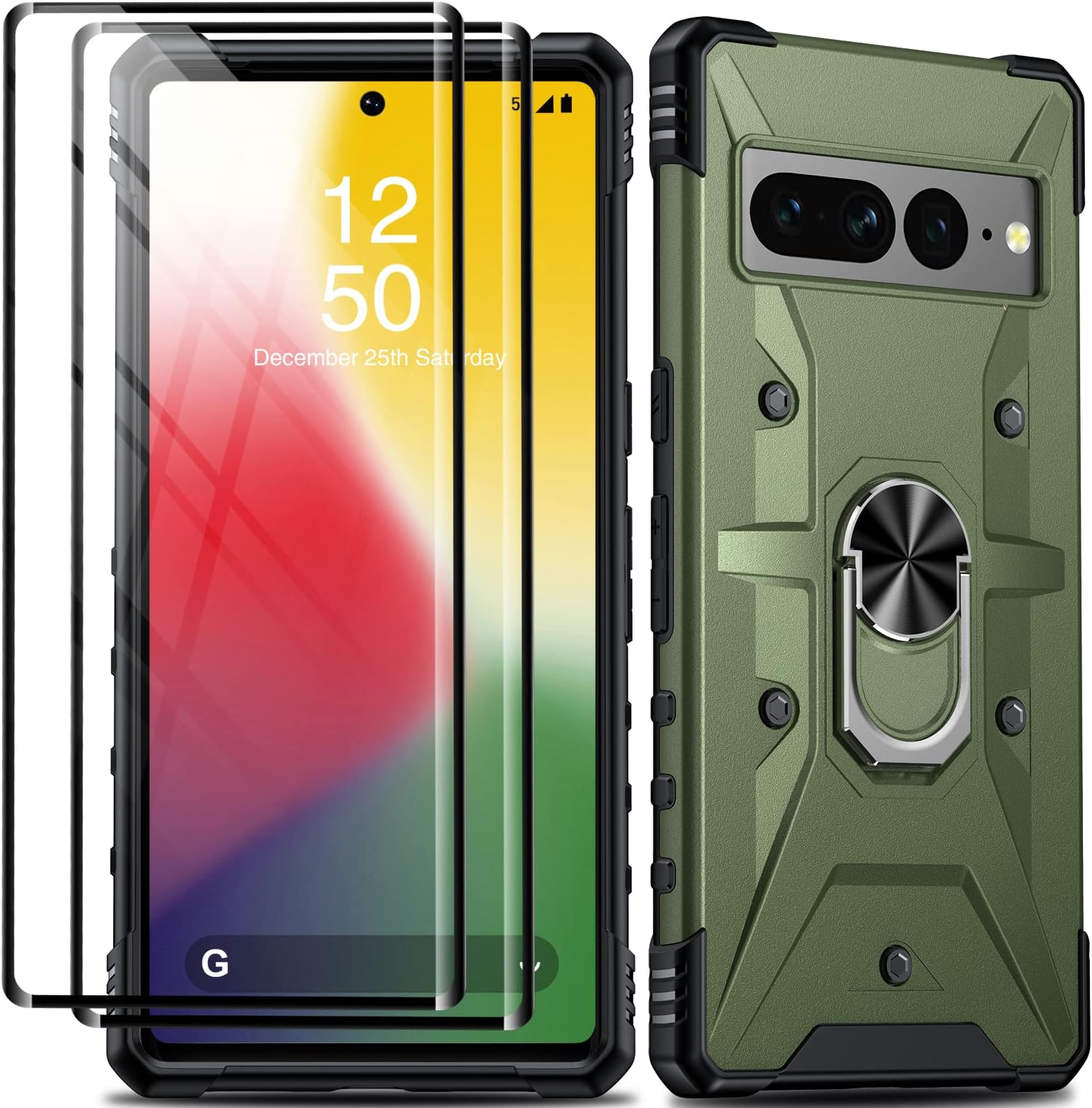 GOLDJU for Google Pixel 7 Pro Case, [3 in 1] Pixel 7 Pro Case with [Rotatable Stand Ring + 2 * 9H Tempered Glass Screen Protectors] Military Grade Shockproof Protection Pixel 7 Pro Phone Case (Green)