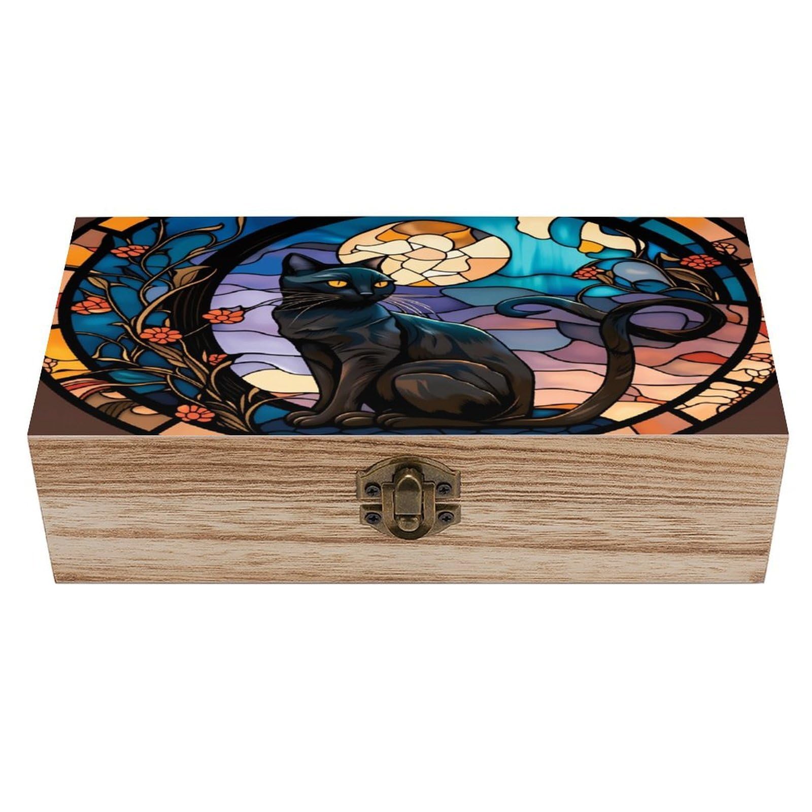 asbwuo Black Cat Stained Glass Floral Vintage Wooden Keepsake Box