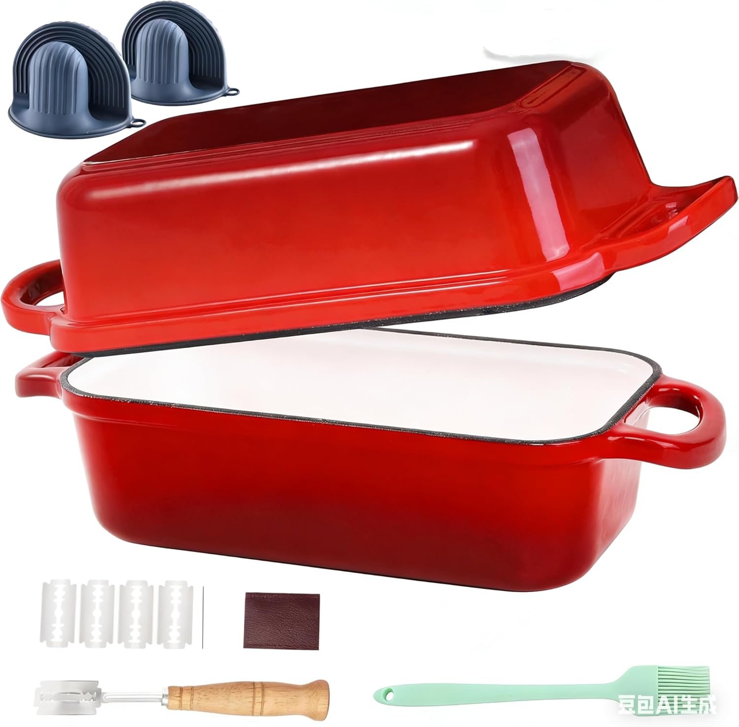 11x5 Inch Cast Iron Loaf Pan with Lid, Large Loaf Pans for Sourdough Bread Baking, Even Heat Distribution Dutch Oven Bread Loaf Pan for Homemade Bread, Meatloaf (4.5Qt, Premium Blue ） (red, 9X5inch)