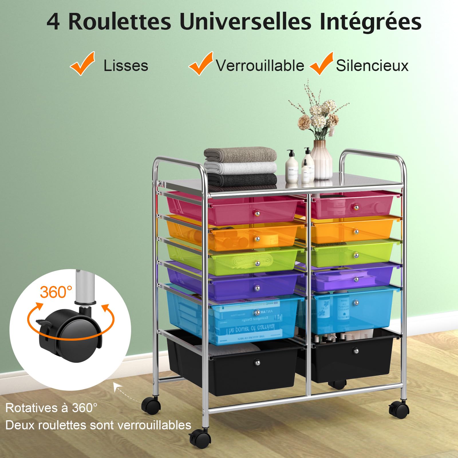 Giantex Chariot de Rangement à roulettes 12 Tiroirs Amovibles, Tour de Rangement Mobile Utilitaire à Plateau & Poignées, Desserte à roulettes pour Salon Bureau Chambre, 64x38x75CM (Multi-Transparent)