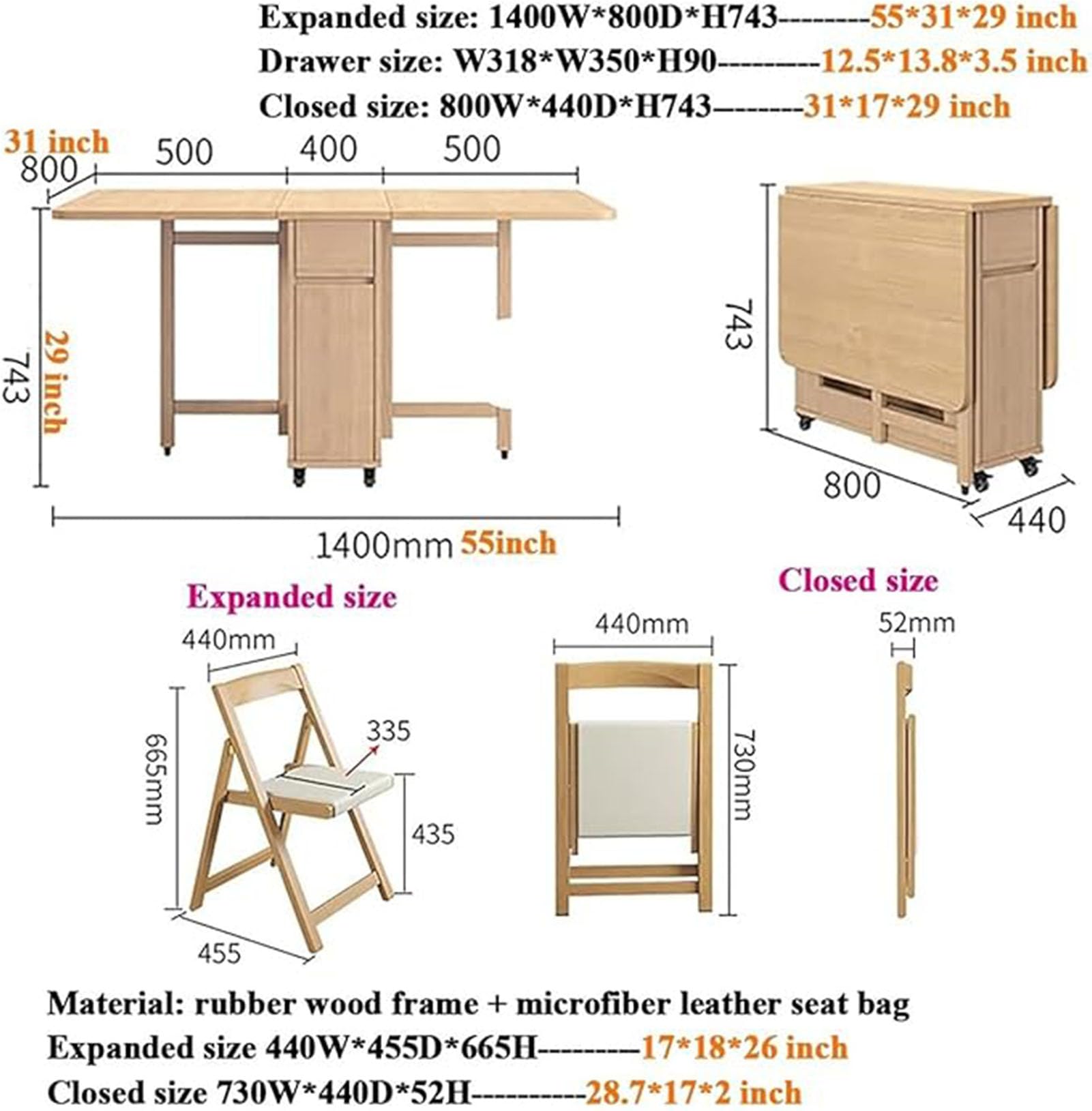 Juego de mesa de comedor plegable de madera maciza extensible con 6 sillas acolchadas, diseño compacto que ahorra espacio para el hogar, sala de estar, restaurante y cocina móvil