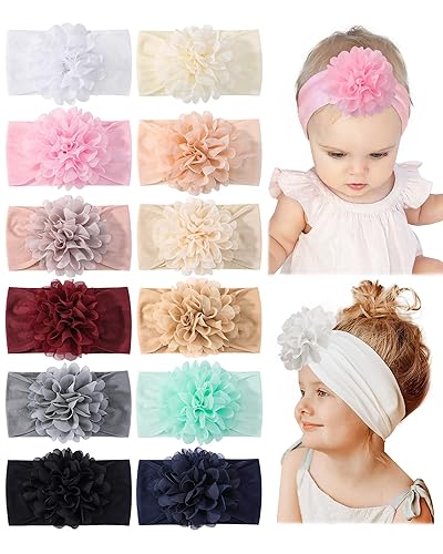 jollybows 12 piezas de diadema para recién nacidos, de gasa, con flores, accesorios para el cabello de nailon suave, accesorios para el cabello para