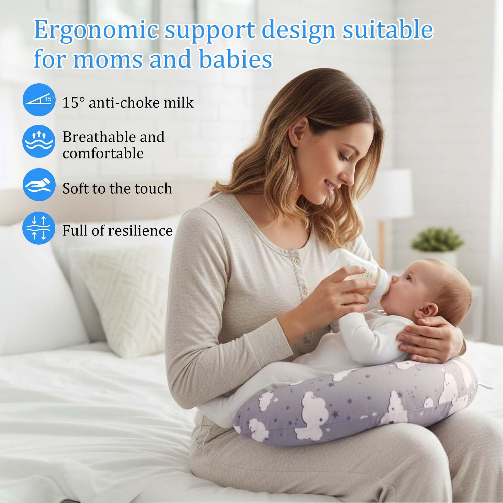 SHANNA Coussin d'allaitement en Coton, Coussin de Grossesse Multifonctionnel pour Maman et Bébé, Remplissage en Fibres, Soutien Ergonomique (Motif 2 Nuages et Étoiles)