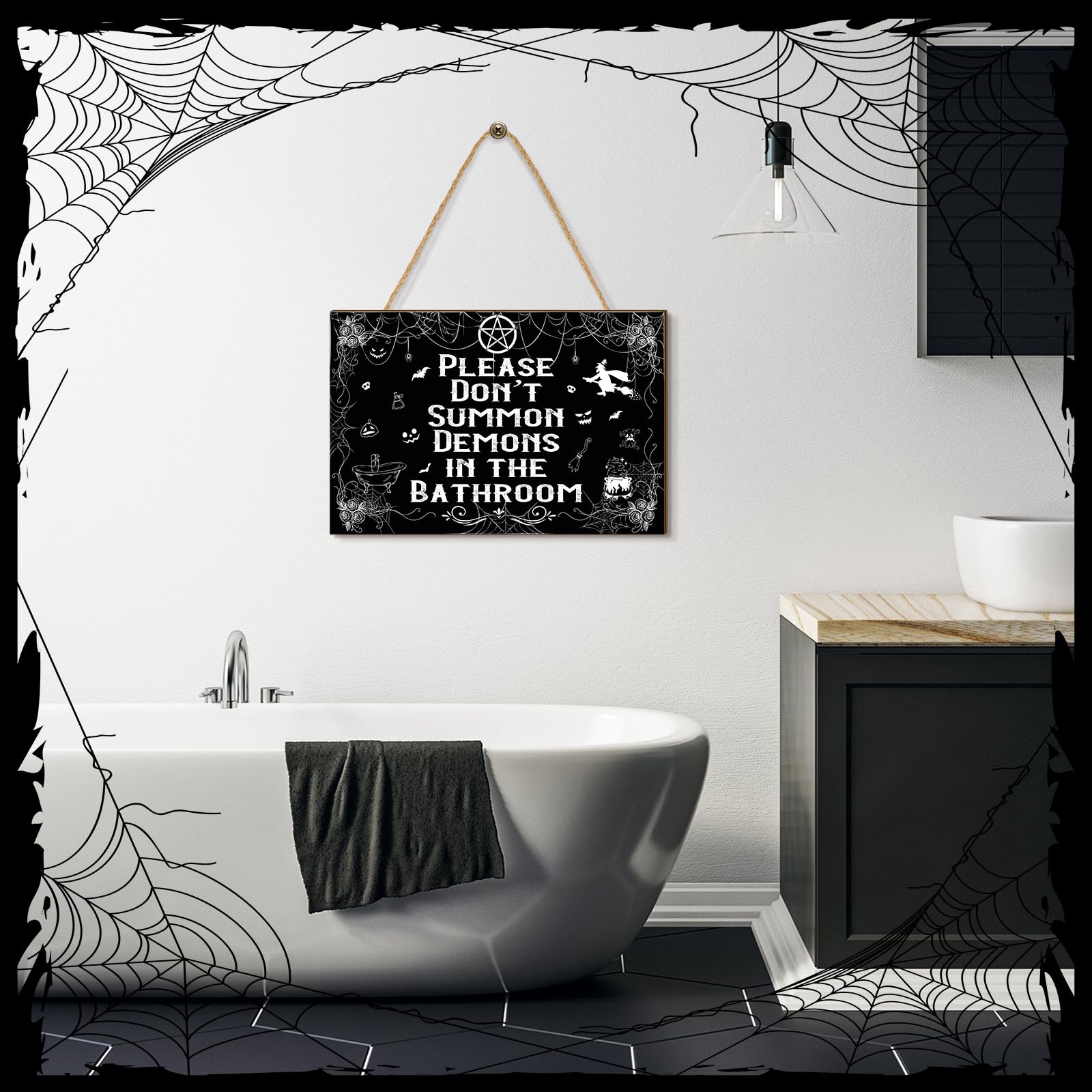 Wesiti Halloween-Badezimmer-Dekor, Gothic-Haustürschild, Hexe Bitte nicht beschwören, Dämonen im Badezimmer, Halloween-Holzschild, hängende Kunst, gruselige Gothic-Raum-Wanddekoration