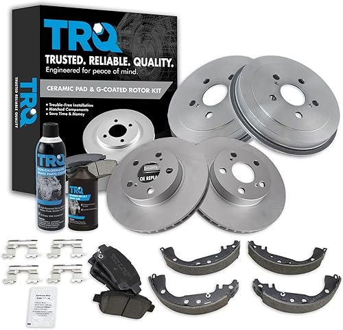 TRQ Kit de tambor y zapato de rotor recubierto con almohadilla de cerámica trasera delantera w/fluidos para Toyota