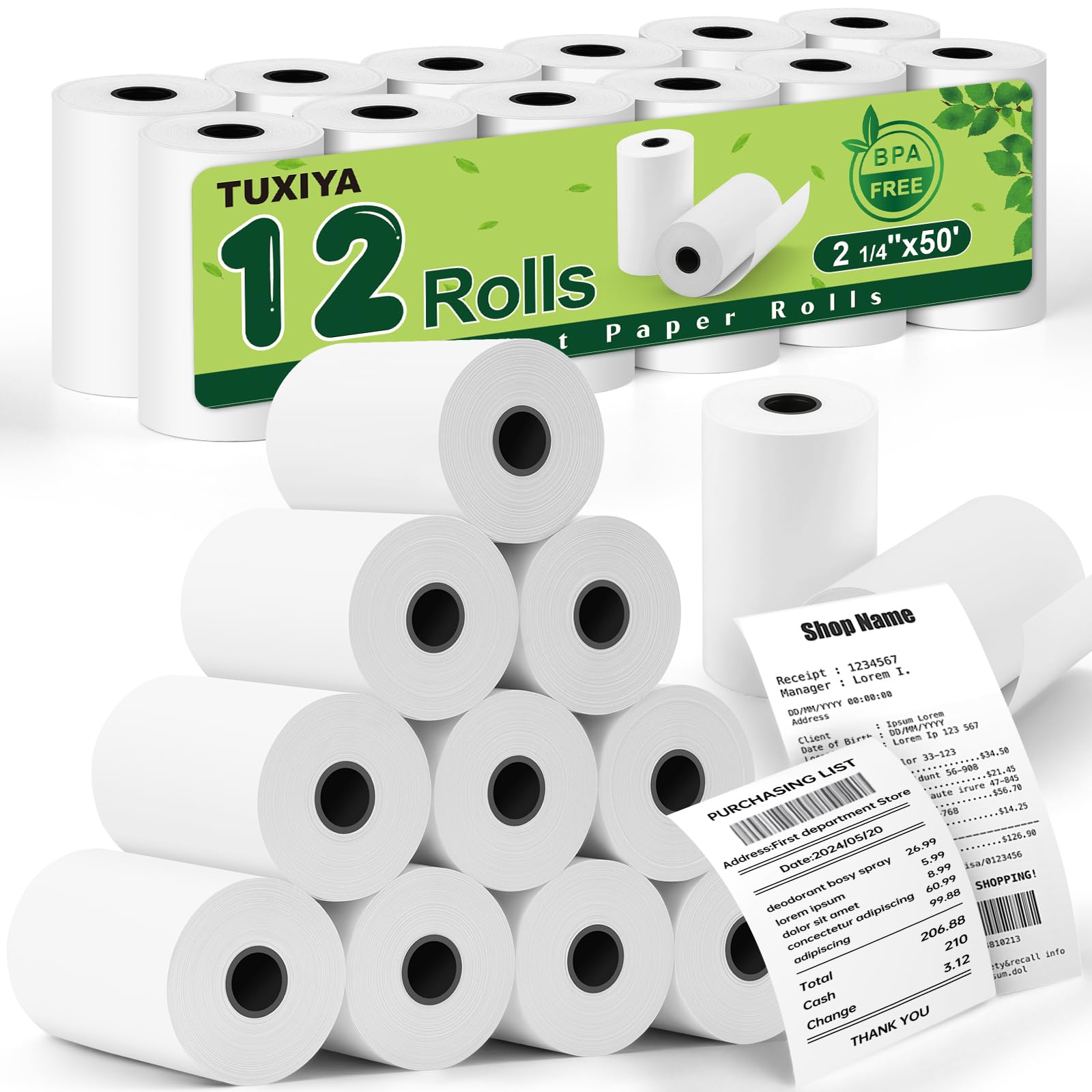 TUXIYA Thermopapier-Rollen, 12 Rollen Thermodruckerpapier, BPA-freie Thermopapierrollen, passend für alle 58 mm Thermo-POS-Drucker, hochwertige Quittungspapierrollen, 6,4 x 15,7 m, 12 Rollen