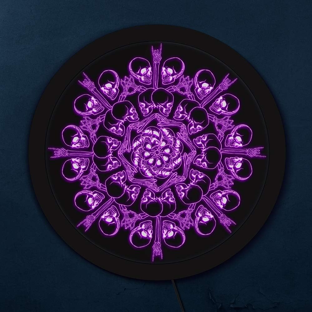 The Geeky Days Halloween LED Light Wall Sign Mandala Human Hand Bones and Skulls Arranged in an Intricate Gothic Circular Color Changing Lighting Neon Sign