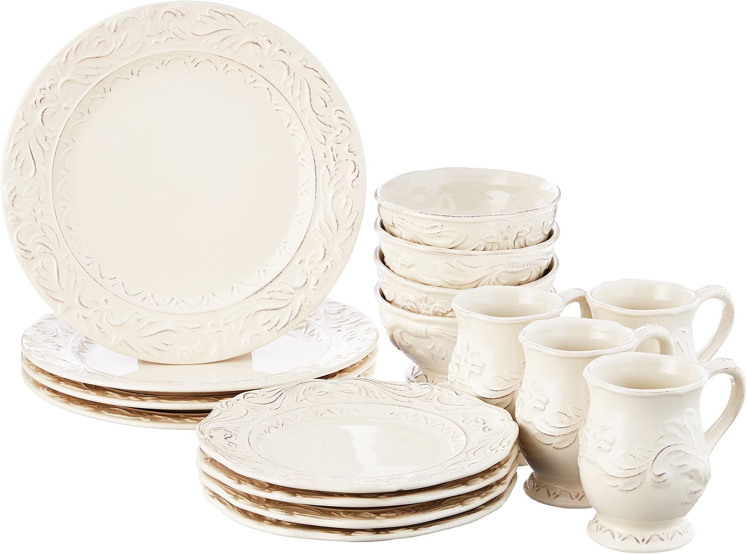Firenze Ivory 16-Piece Ceramic Dinnerware Set, Service for 4 – Embossed Plates, Mugs & Bowls in Elegant Vintage White – Classic Everyday Dining Set for Rustic & Formal Tablescapes