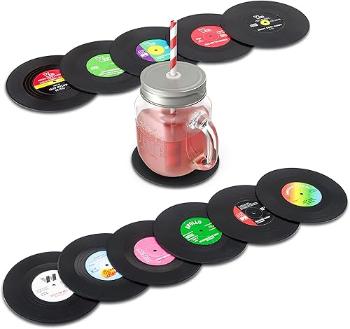 Miniatura 7 de Juego de 12 posavasos para discos de vinilo, diseño retro de discos de CD, vinilo antideslizante, para café, té, cerveza, vino, hogar y bar