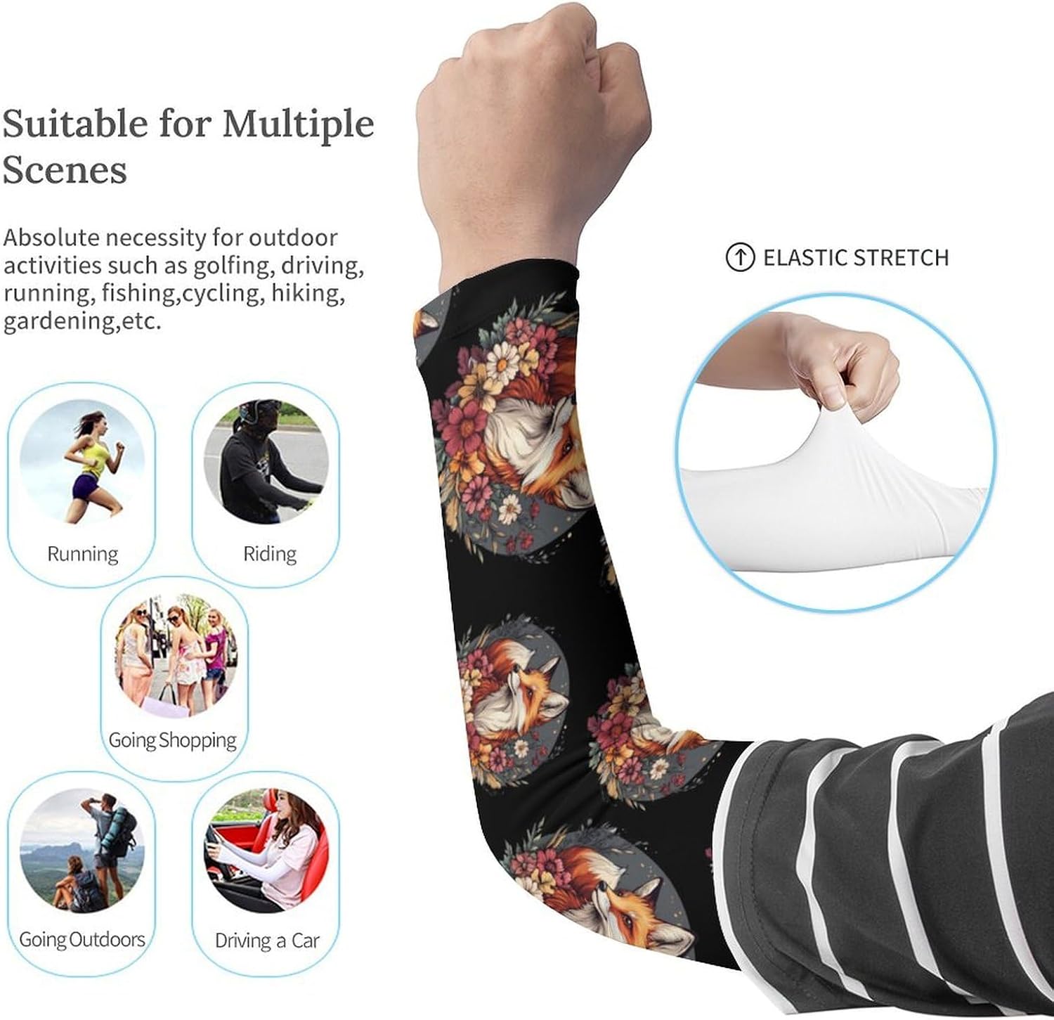 Floral Fox Flowers Arm Sleeves Sun Protection Sleeves Sports Cooling Arm Compression Sleeve for Men Women
