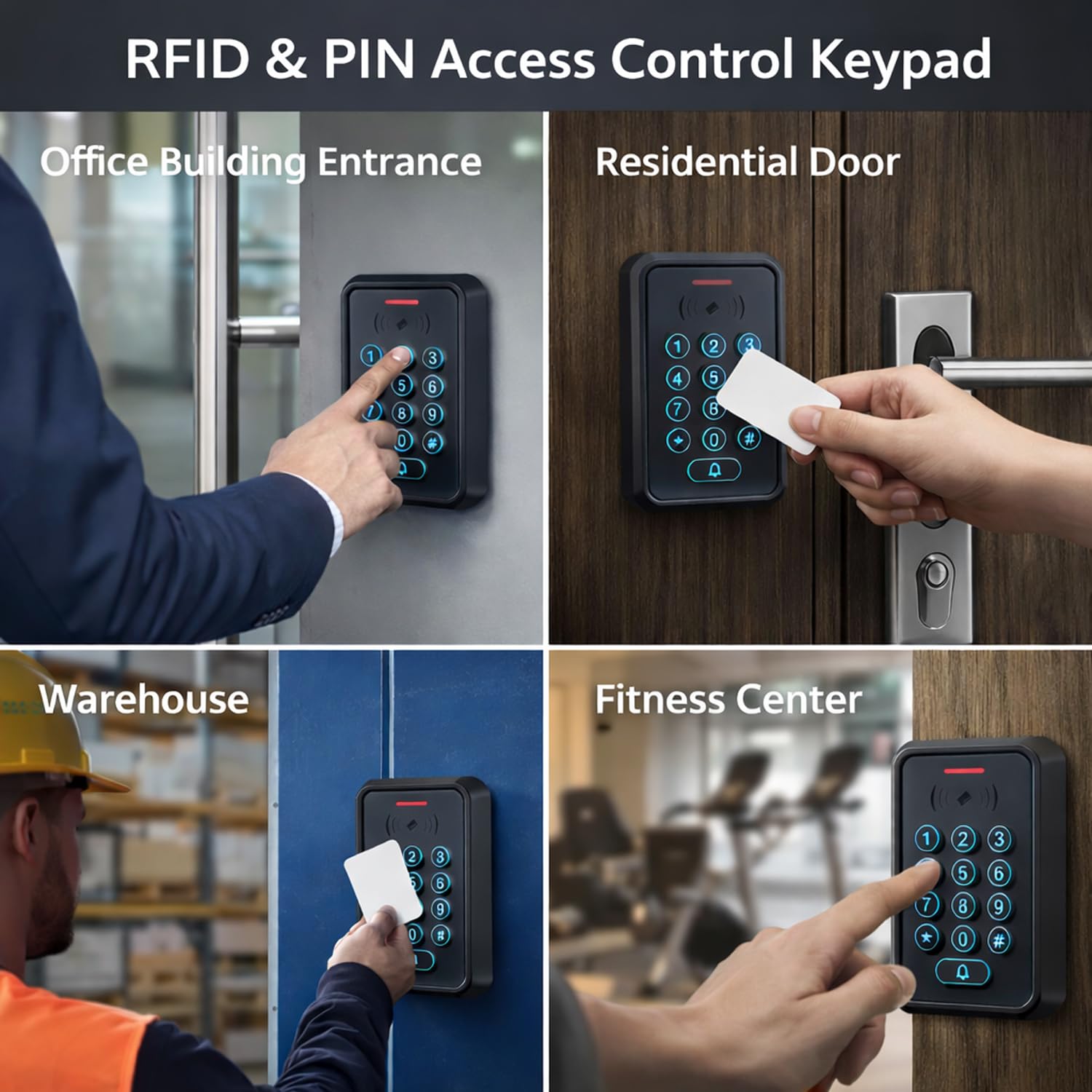 RFID Zutrittskontrollsystem Set mit Dualfrequenz (ID + IC/NFC) – IP68 Controller mit beleuchteter Silikon-Tastatur, DC 12V 3A Netzteil, Exit-Taster und 10× 125kHz RFID Schlüsselanhänger(5)