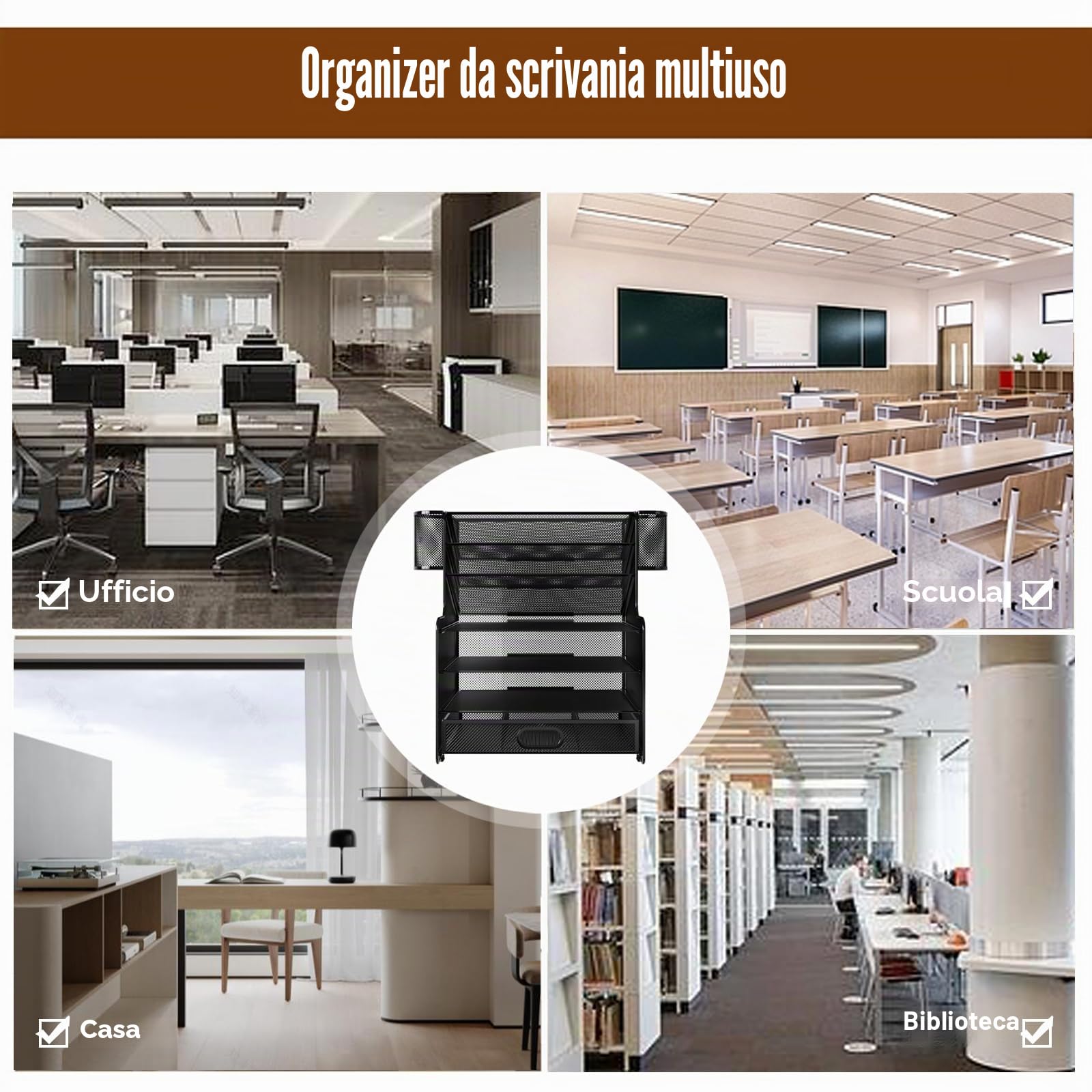 TQVAI Organizer Scrivania, 7 Ripiani Metallo Portadocumenti da Scrivania Portariviste Organizer Documenti A4 con Cassetti e 2 Portapenne per Scuola Cancelleria, Casa, Ufficio, Nero