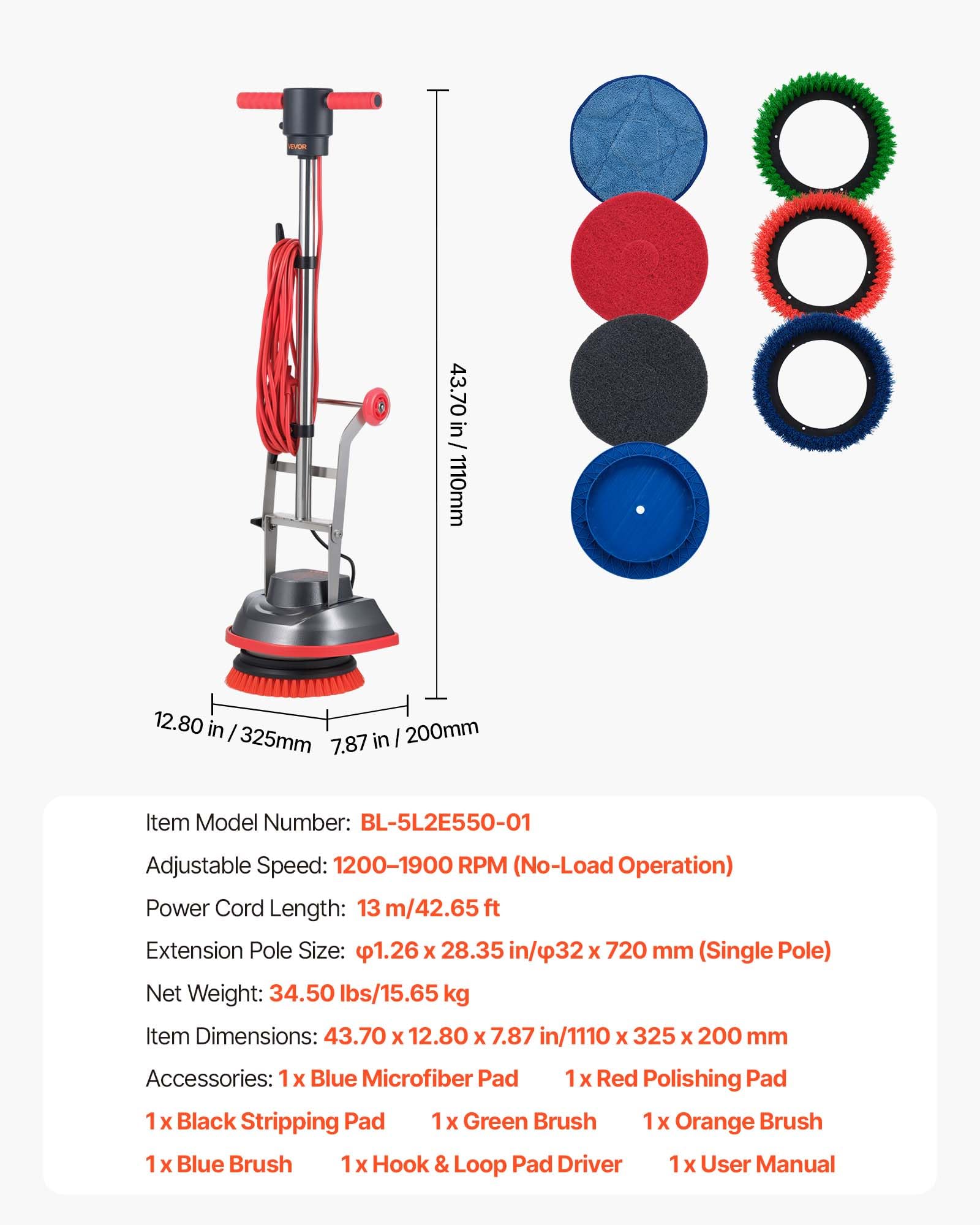 VEVOR Gewerbliche Scheuersaugmaschine, Hochleistungspoliermaschine mit 2 Rädern, Elektrische Teppichpoliermaschine, Bodenreinigungsmaschine max. 1900 U/min & 13 m Kabel & 3 Pads & 3 Bürsten