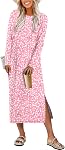 ANRABESS Long Sleeve Midi Dresses for Women Fall Fashion Casual Vacation Crewneck Loose Split Striped Long Tshirts Dress
