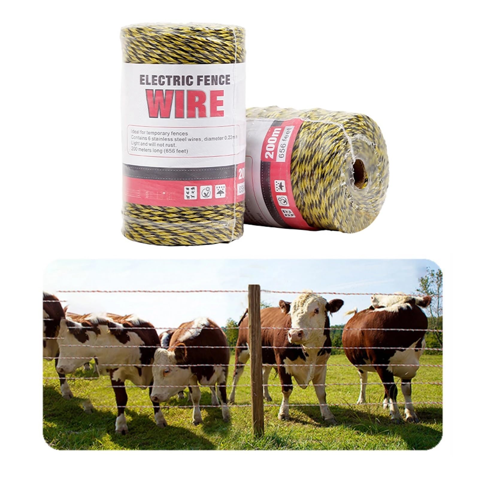 Filo per Recinto Elettrico 200 m/Rotolo Corda for recinto Elettrico Polywire con Corda in Acciaio for Mucche da Cavallo Allevamento di Animali da Fattoria Bestiame Scherma Strumenti
