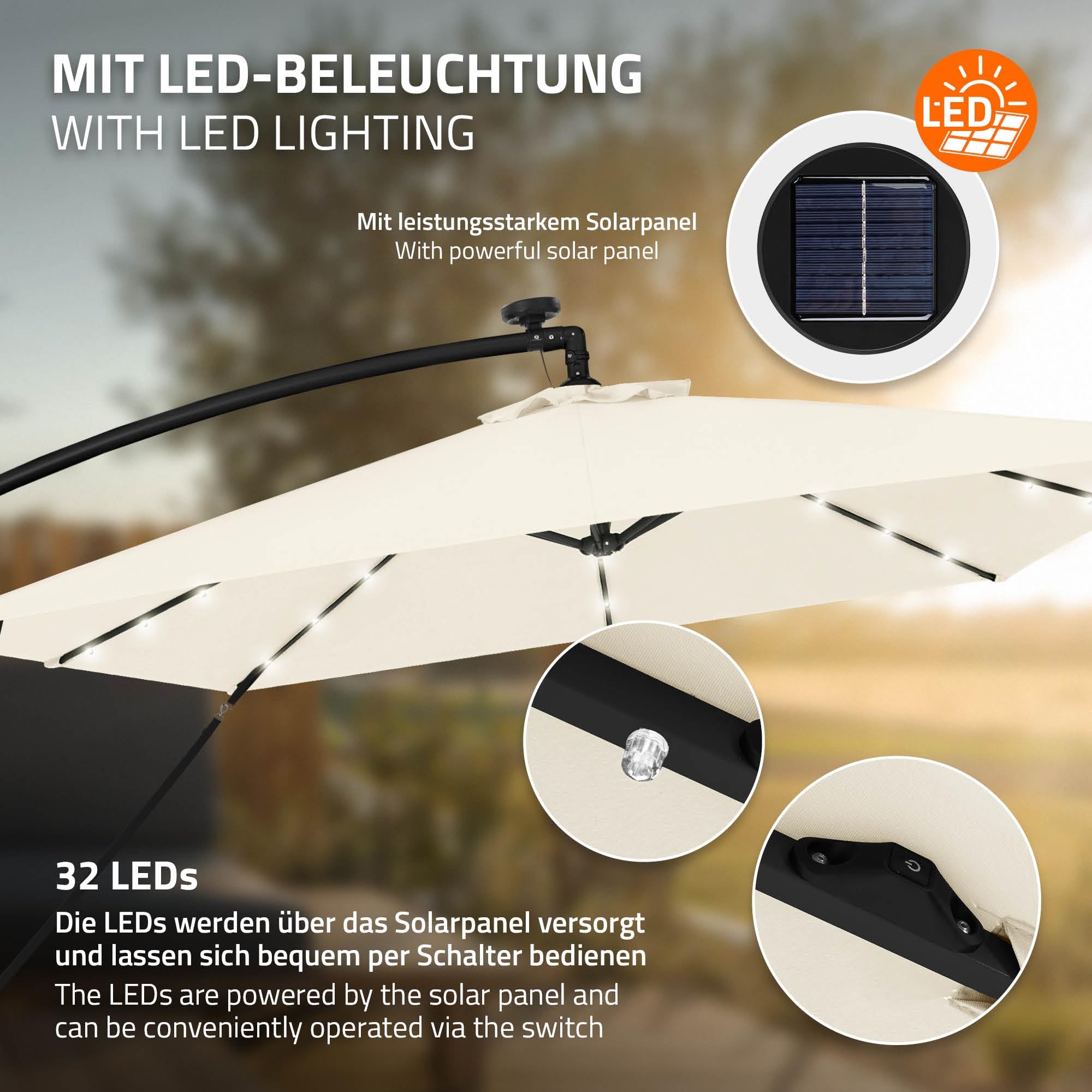 ML-Design Sombrilla de Jardín Ø 330 cm de Aluminio con/sin LED Parasol Voladiza de Terraza, Giratoria 360°, Inclinable y con Manivela Protección Solar UV50+ e Impermeable, incluye Soporte y Funda