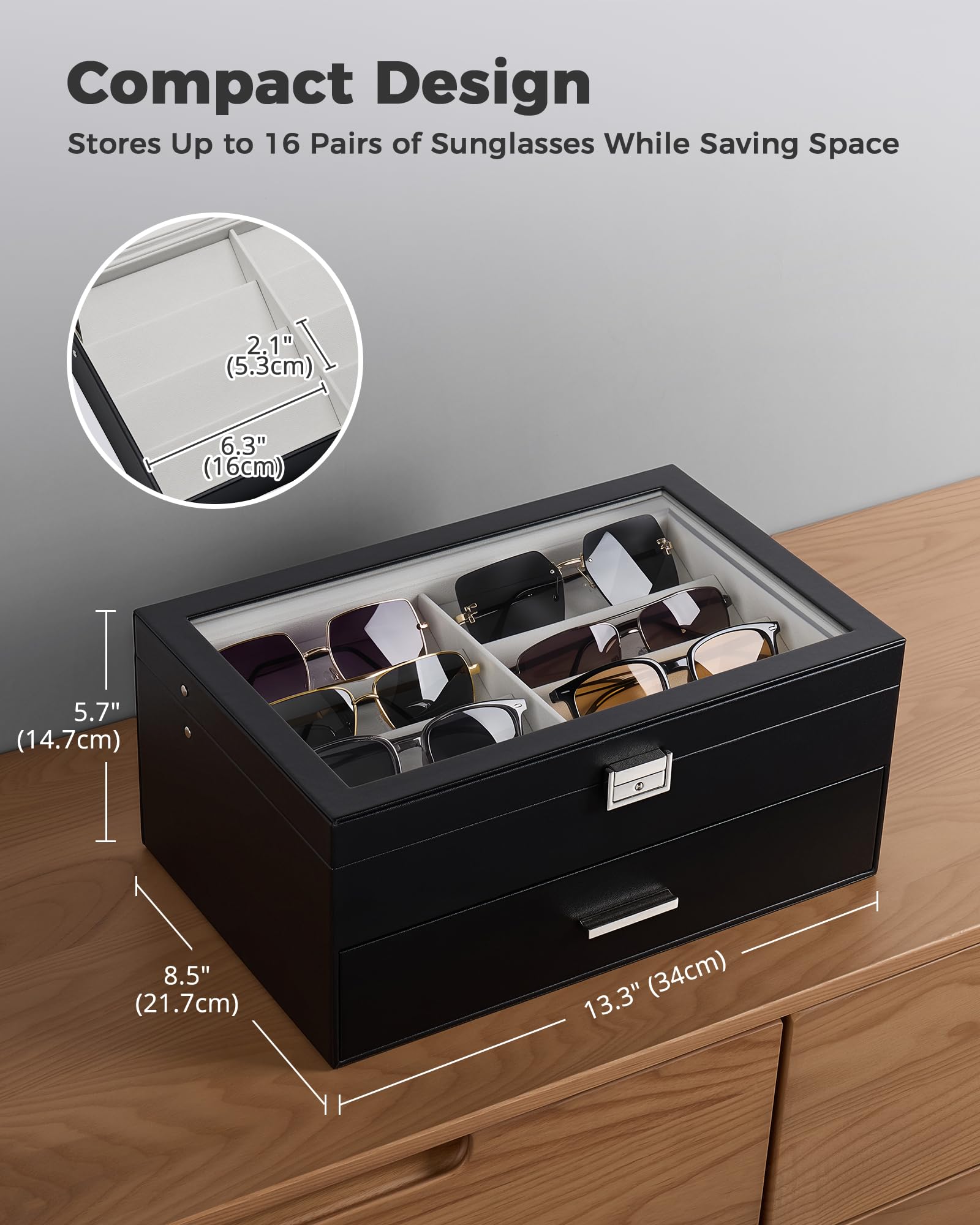 ProCase Organizer na okulary przeciwsłoneczne dla mężczyzn - etui ze skóry PU z przegródkami, szklaną pokrywą z zamkiem, nachylonymi przegrodami i miękką podszewką