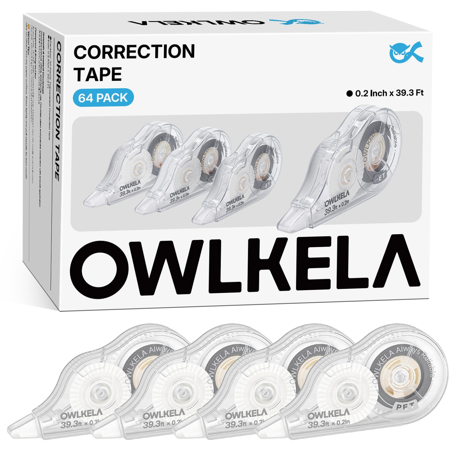 OWLKELA 64 correttori a nastro, 1,9 m, trasparente | Nessun tempo di asciugatura, resistente agli strappi, larghezza 0,5 cm, ideale per ufficio e scuola