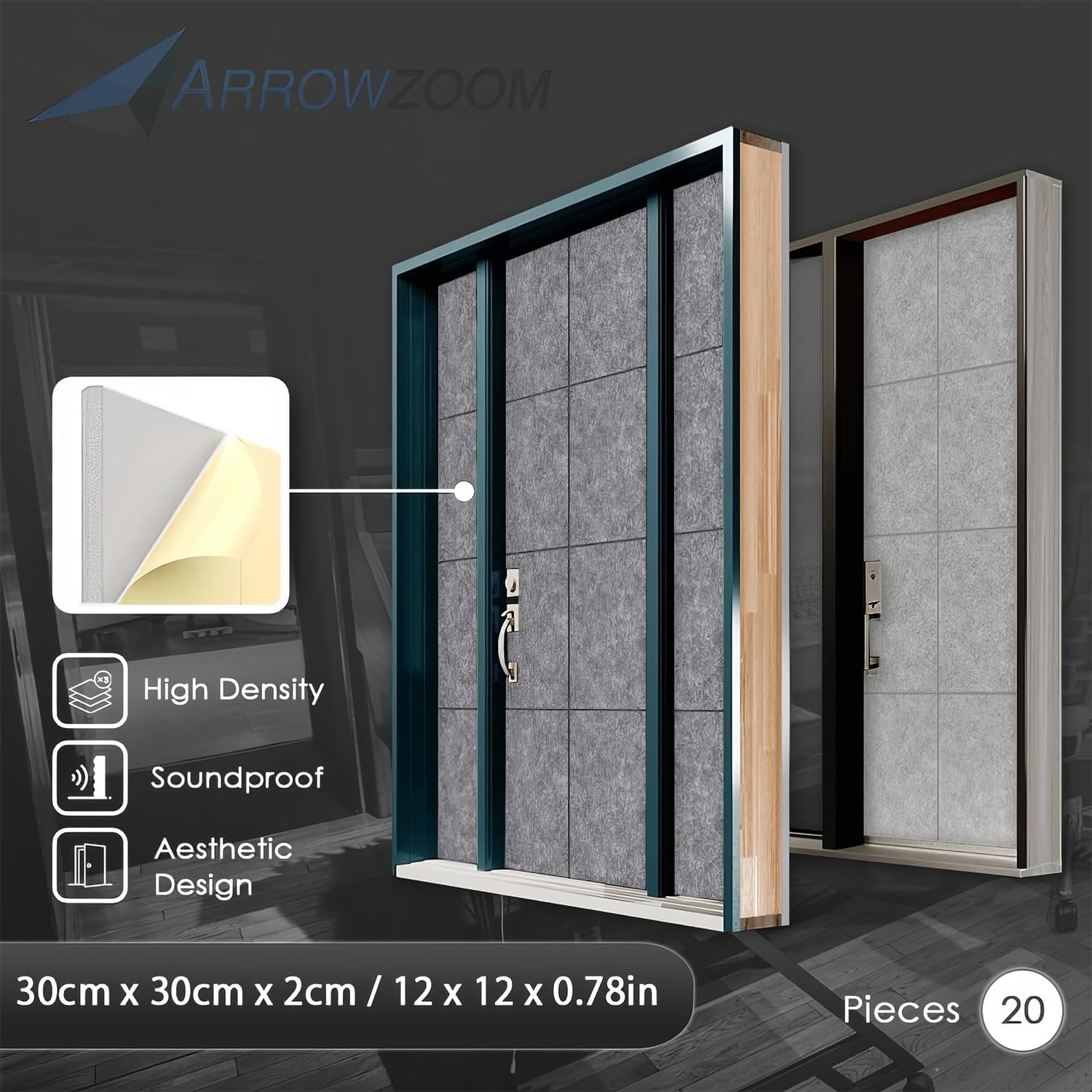 Arrowzooom 20 Gray Self Adhesive Door Kit PRO Polyester Foam Panels Peel and Stick Music Recording Studio Soundproofing Noise Reducing -40db Thick Acoustic Treatment Flame Retardant 12x12x0.78 Inch