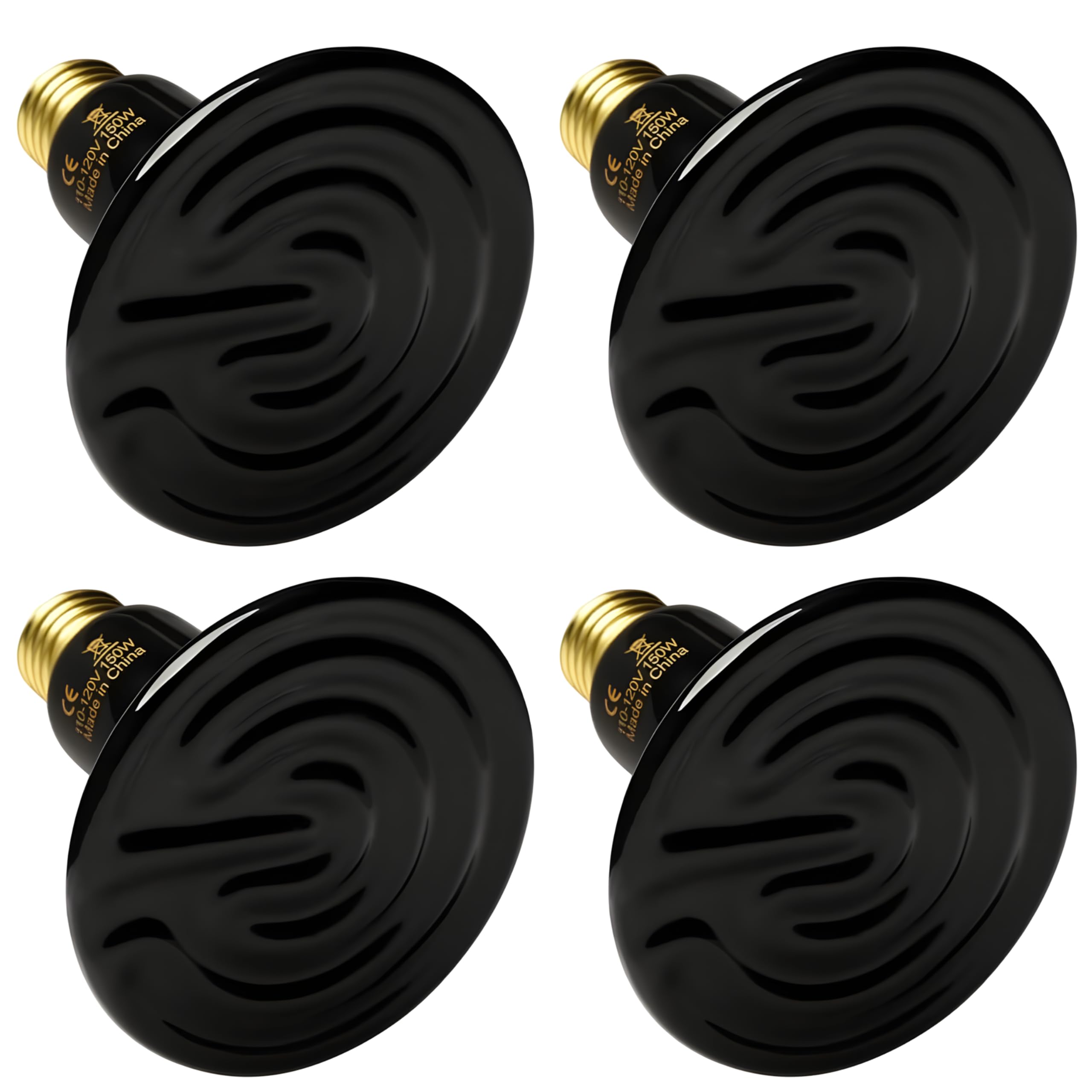 Simple Deluxe 150W Reptile Heat Lamp Bulbs, Pack of 4 Ceramic Heat Emitters for Amphibian Pet & Incubating Chicken (Black, 150 Watts)