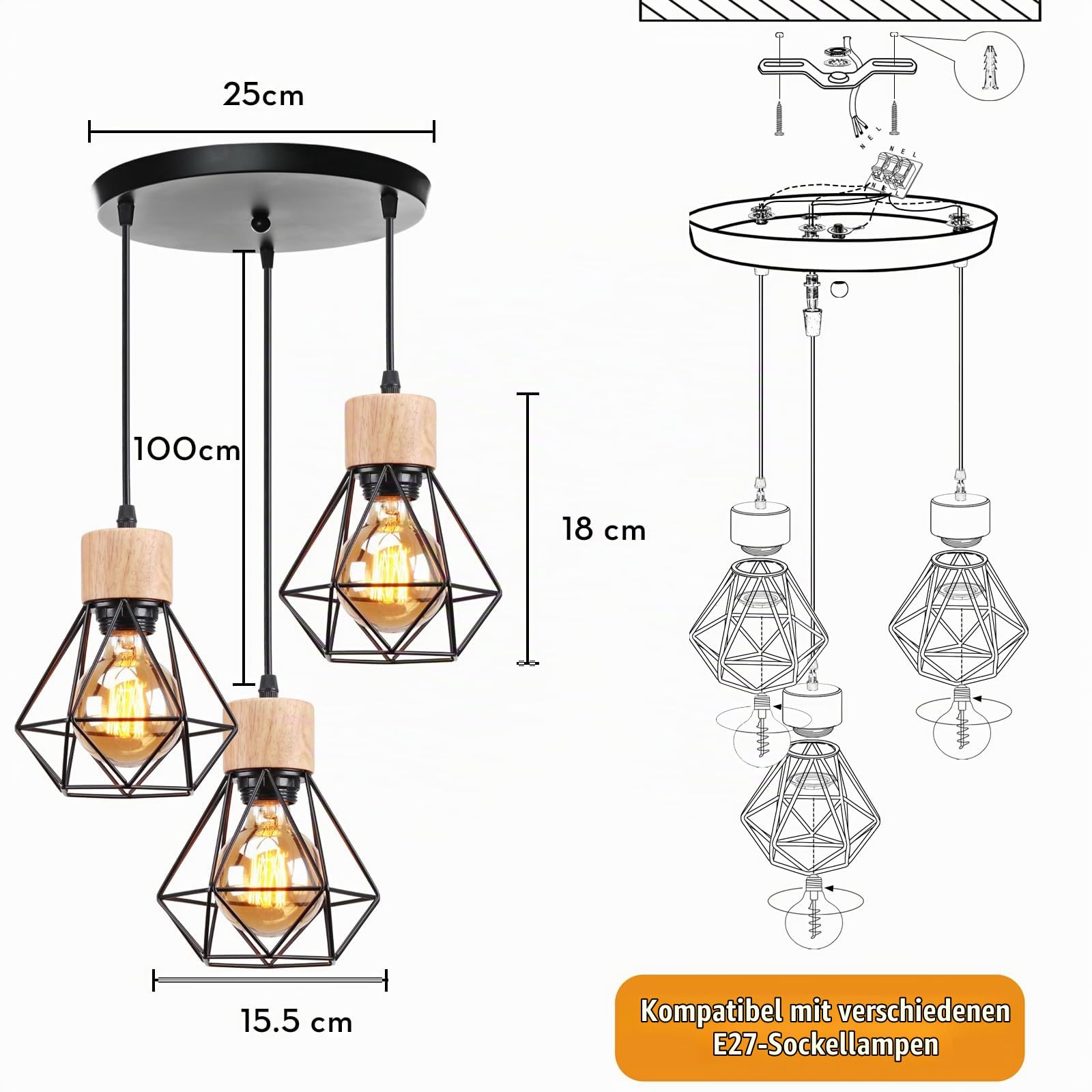 Pendelleuchte Vintage Industrial 16CM Hängelampe mit Geometrischem Design E27 Lampe aus Holz Eisen Käfig Lampenschirm Schwarz Hängeleuchte für Esstisch Küche (Pendellampe 3-flammig, Rondell)