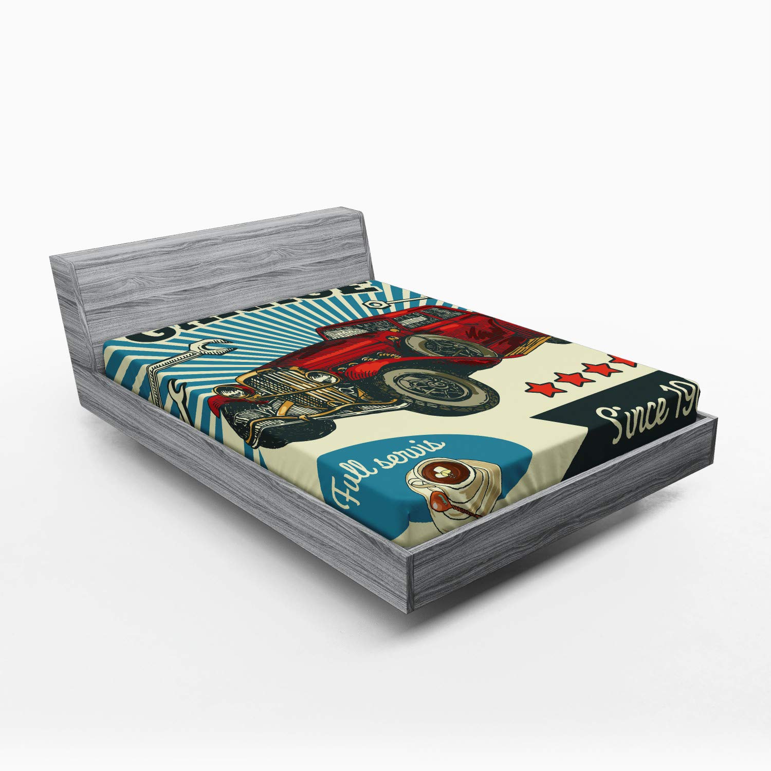 Ambesonne Auto Mechanic Fitted Sheet, Retro Design Graphic with Nostalgic Car and Garage Typography Repair Themed, Soft Decorative Fabric Bedding All-Round Elastic Pocket, Queen Size, Red Blue