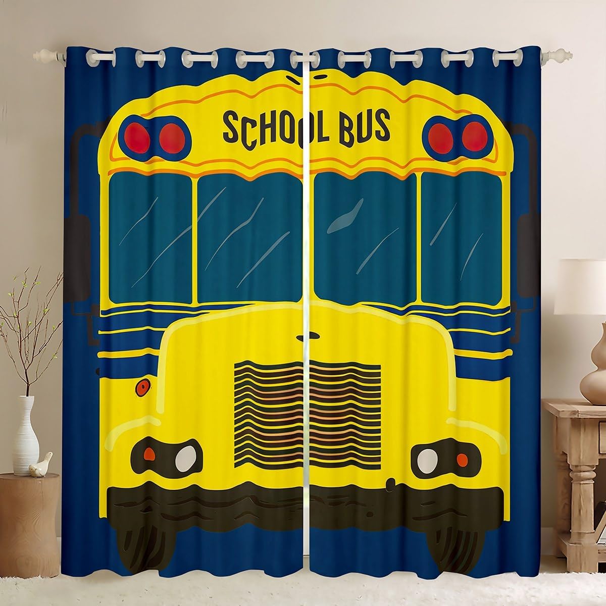 Cartoon School Bus Curtain Home Decor,Bright Yellow Car Print Navy Blue Window Drapes for Girls Boys Teens,Vehicle Front Wheels Window Treatment Curtains for Living Room Bedroom, 42Wx90L inch