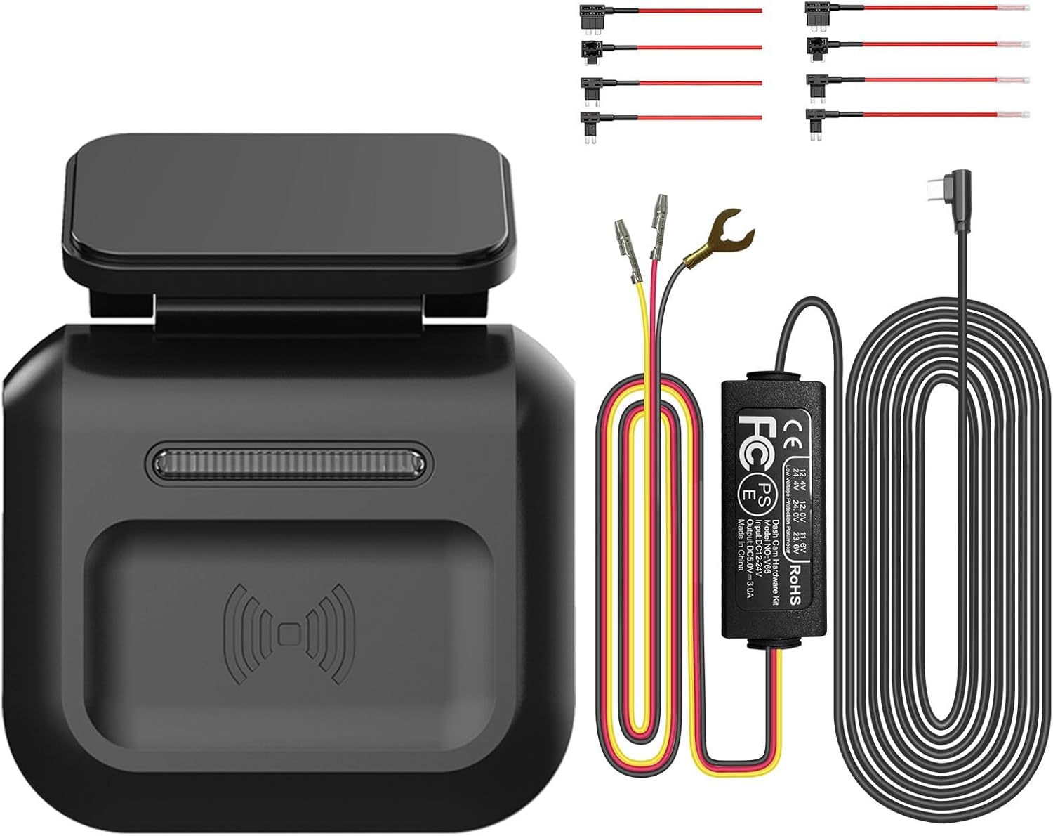 HUPEJOS Hardwire Kit components including radar module, wiring, and fuse taps.