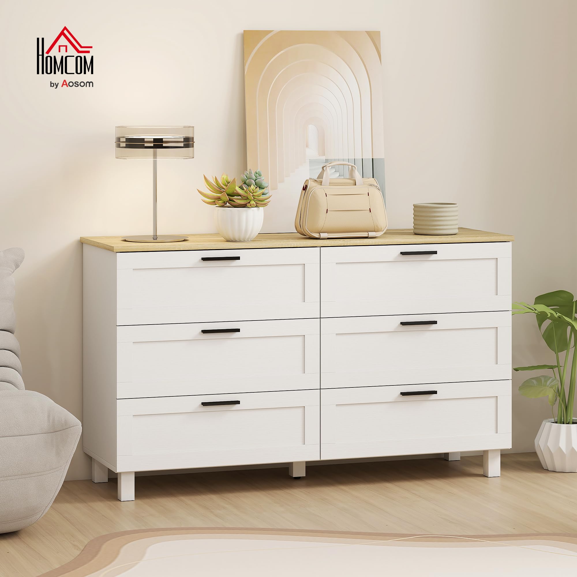 HOMCOM Commode 6 tiroirs, Meuble de Rangement avec Pieds en Bois de pin, Style Moderne, Commode pour Chambre à Coucher, Salon, Couloir, 120 x 38 x 71 cm, Bois Naturel et Blanc