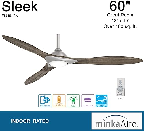 Miniatura 4 de Minka Aire F868L-BN Elegante ventilador de techo de 60 pulgadas con luz LED y control remoto, níquel cepillado